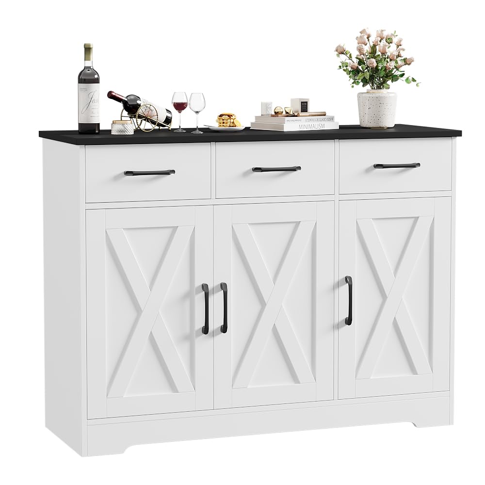 HOSTACK Modern Farmhouse Buffet Sideboard Cabinet, Barn Doors Storage Cabinet with Drawers and Shelves, Wood Coffee Bar with Storage for Dining Room, Kitchen, Living Room, Black/Rustic Brown