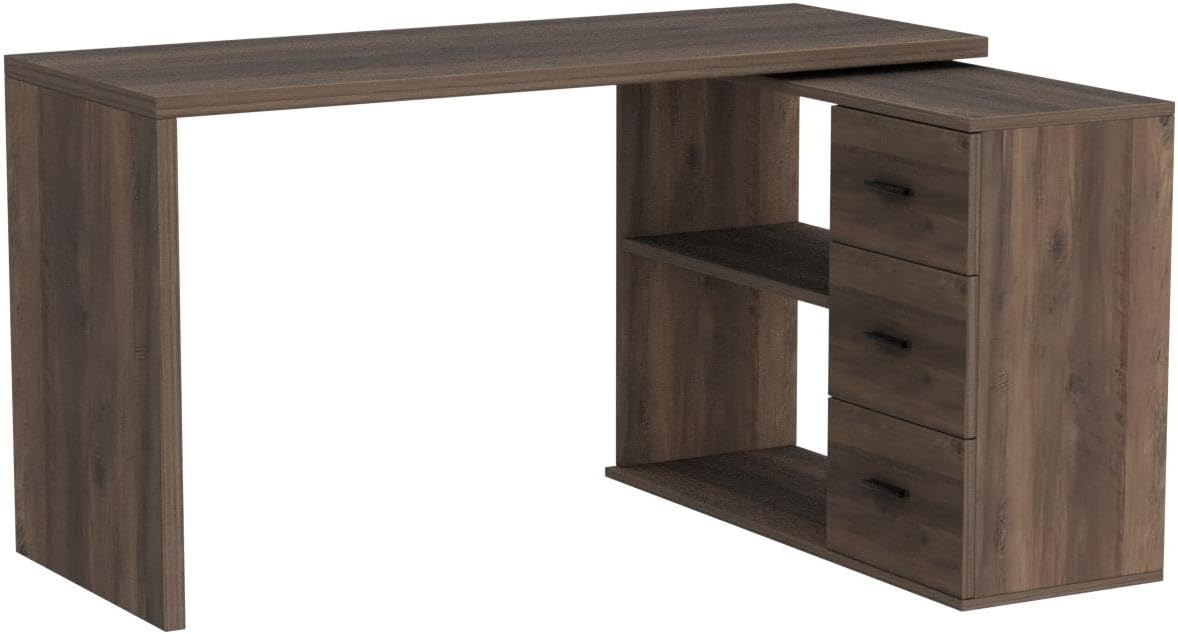 HSH L Shaped Desk with Storage Drawers Shelves, Large Corner Computer Table in Home Office, Industrial Wood Desk for Executive Writing Work Study, Rustic Oak, 55 Inch