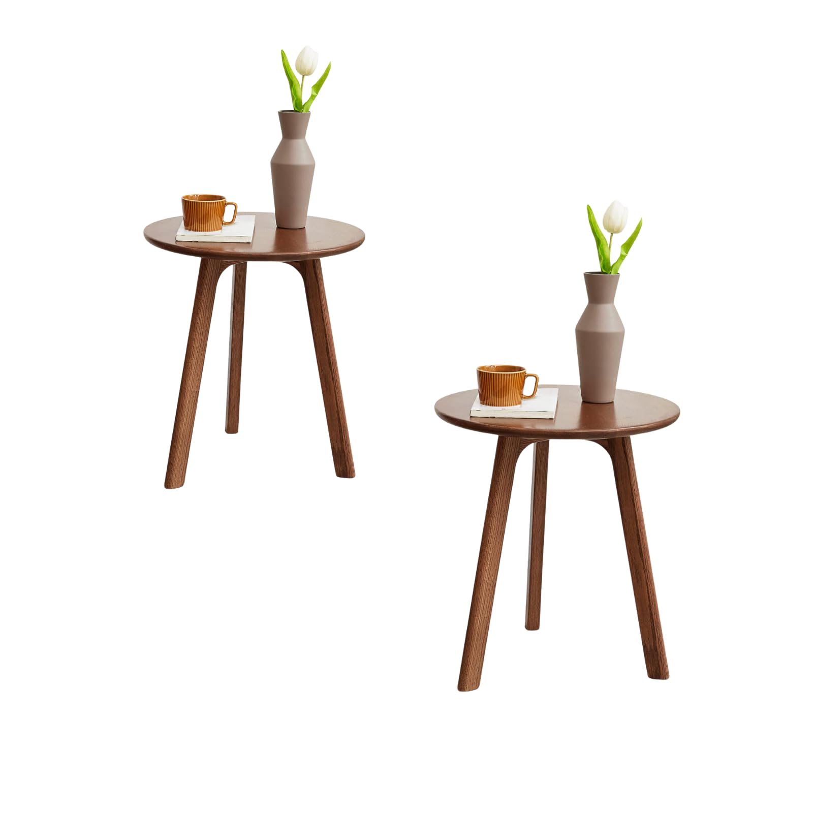 23.62" Walnut Solid Oak Round Mini Coffee Side Table with Wood Legs, Mid Century Accent Table for Living Room Bedroom Balcony