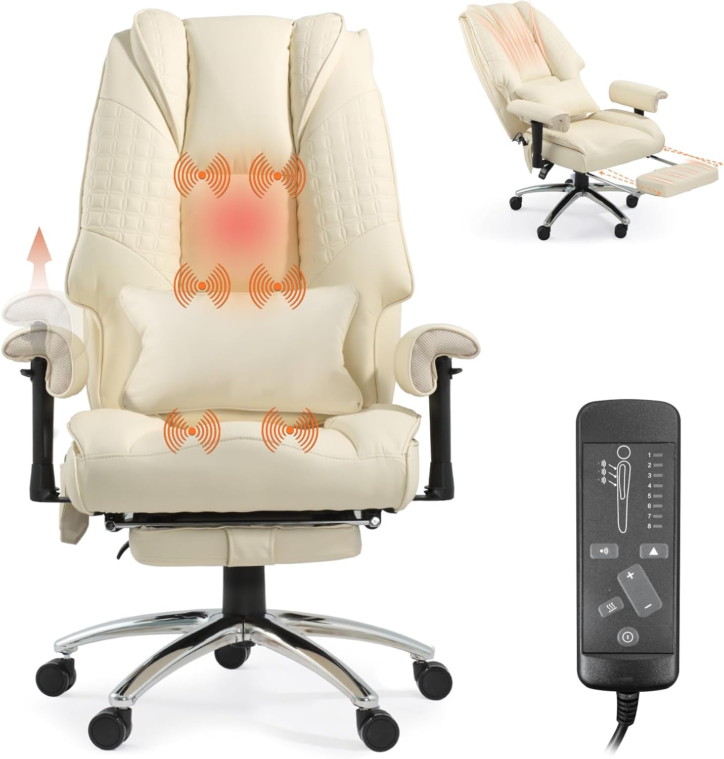 Vibrate Massage & Heating Office Chair, Executive Office Chair with Reclining Backrest, Adjustable Arms & Lumbar Support, High Back Leather Desk Chairs w/Foot Res for Home Office, Beige