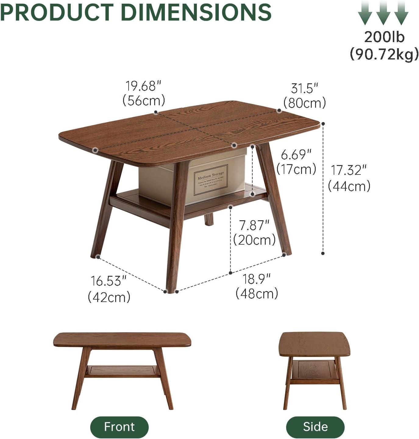 31.49" Solid Oak 2-Tier Walnut Mid Century Modern Coffee Table with Storage Shelf for Living Room