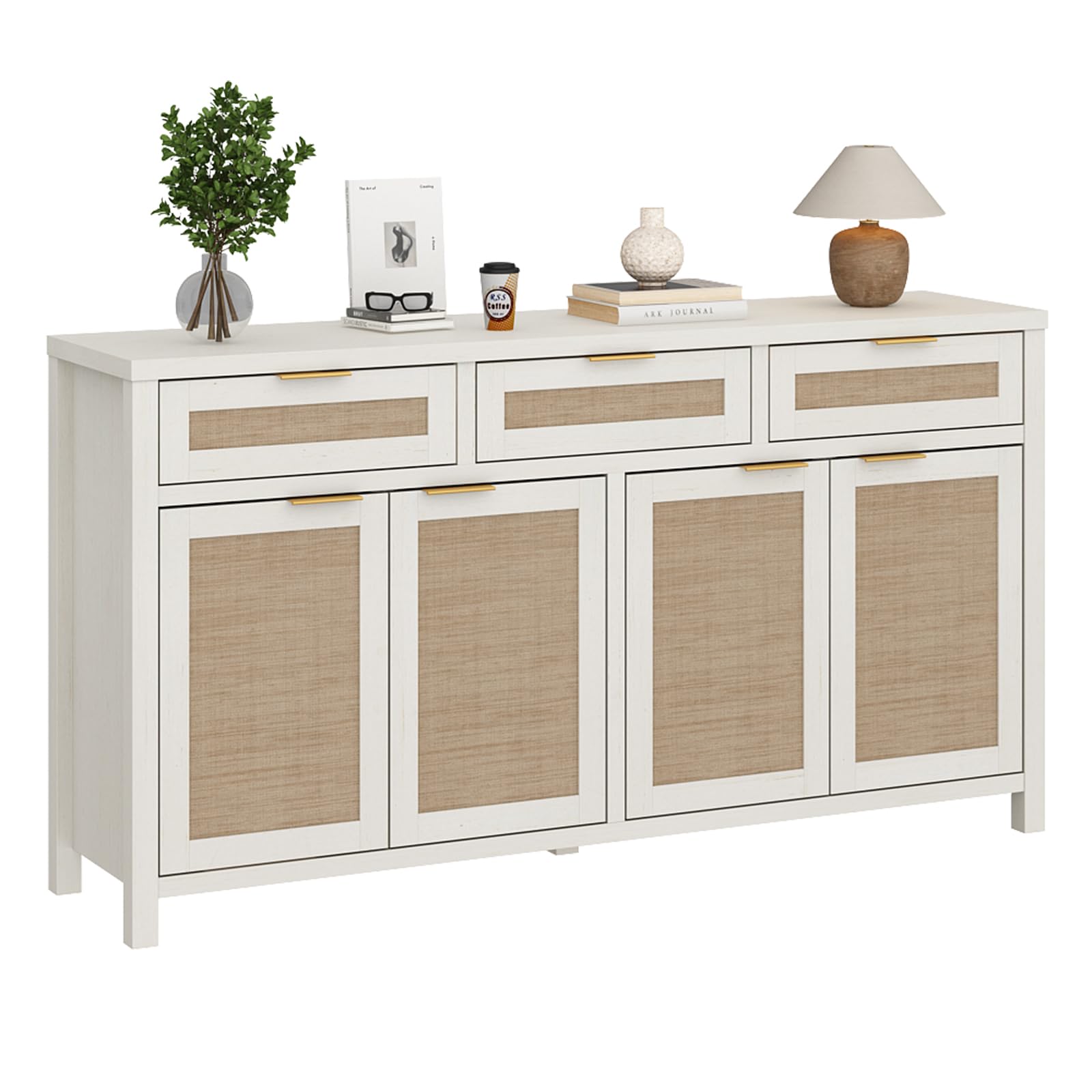 HOKYHOKY 63" Rattan Sideboard Buffet Cabinet, Boho Storage Cabinet with Adjustable Shelves, Farmhouse Credenza Coffee Bar Cabinets with 4 Doors & 3 Drawers for Living Room, Hallway & Kitchen