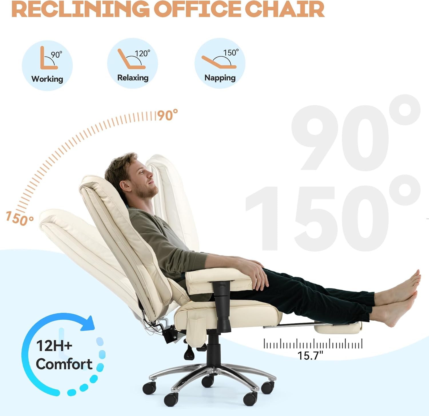 Vibrate Massage & Heating Office Chair, Executive Office Chair with Reclining Backrest, Adjustable Arms & Lumbar Support, High Back Leather Desk Chairs w/Foot Res for Home Office, Beige