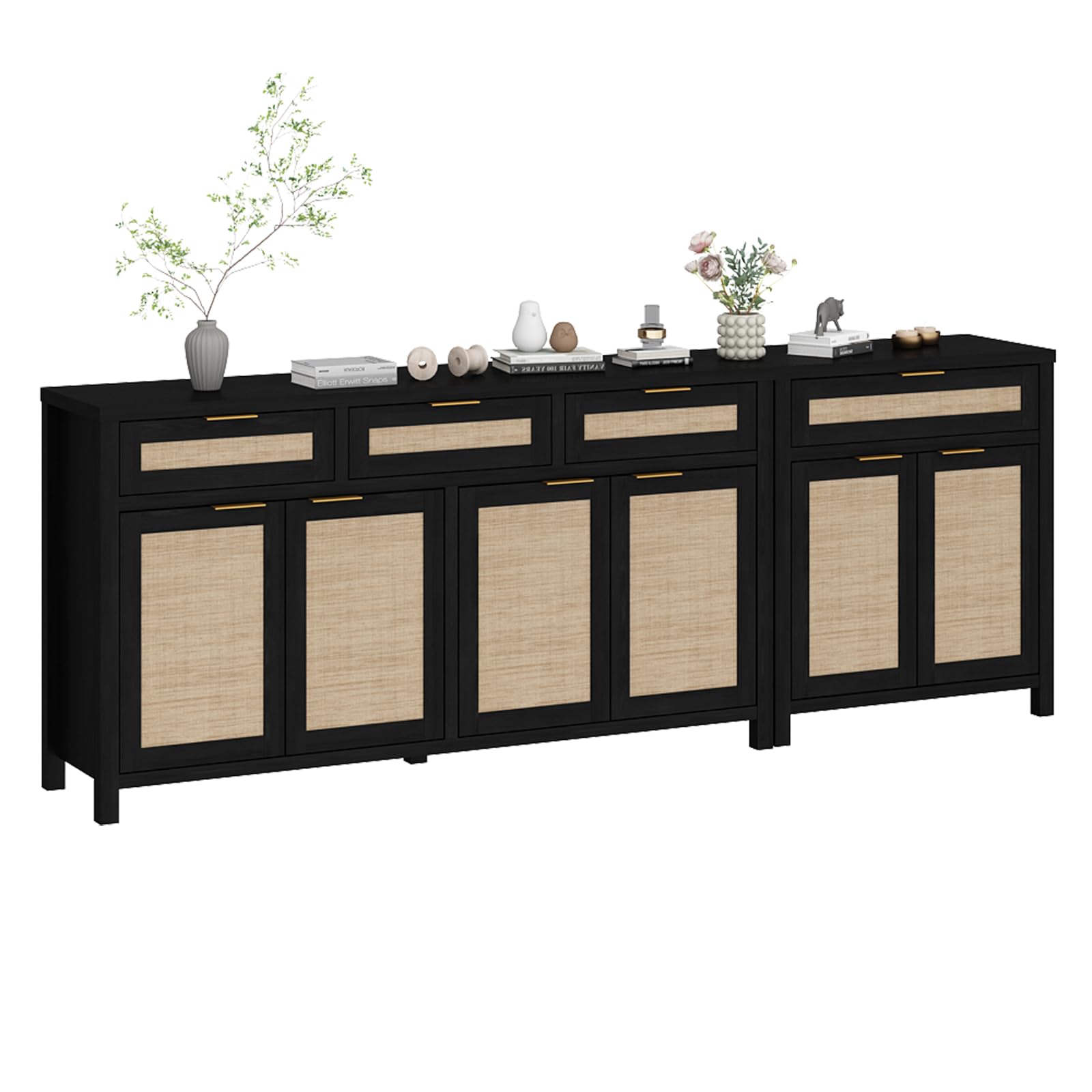 HOKYHOKY 63" Rattan Sideboard Buffet Cabinet, Boho Storage Cabinet with Adjustable Shelves, Farmhouse Credenza Coffee Bar Cabinets with 4 Doors & 3 Drawers for Living Room, Hallway & Kitchen
