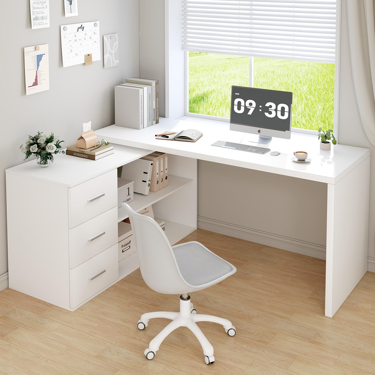 HSH L Shaped Desk with Storage Drawers Shelves, Large Corner Computer Table in Home Office, Industrial Wood Desk for Executive Writing Work Study, Rustic Oak, 55 Inch
