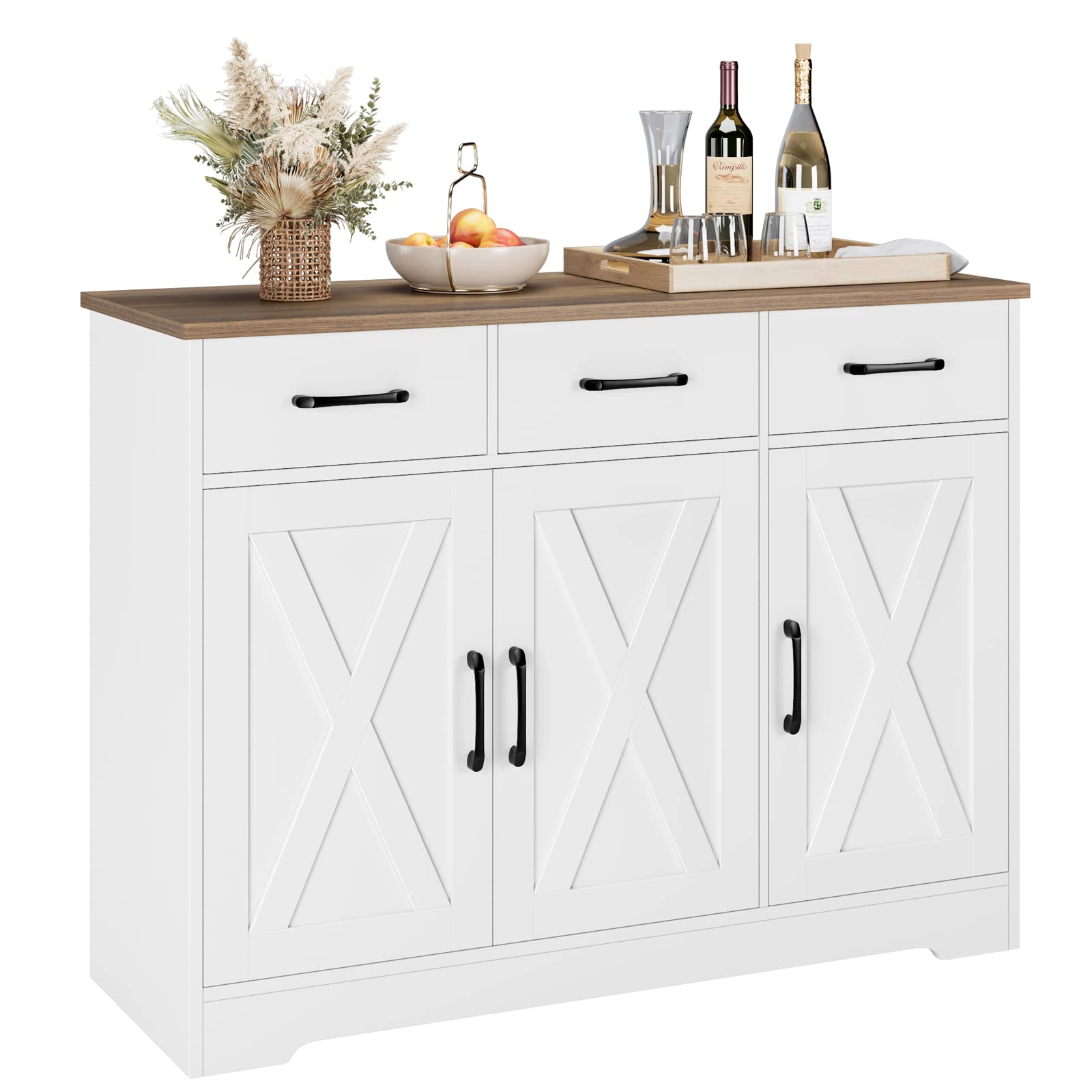 HOSTACK Modern Farmhouse Buffet Sideboard Cabinet, Barn Doors Storage Cabinet with Drawers and Shelves, Wood Coffee Bar with Storage for Dining Room, Kitchen, Living Room, Black/Rustic Brown