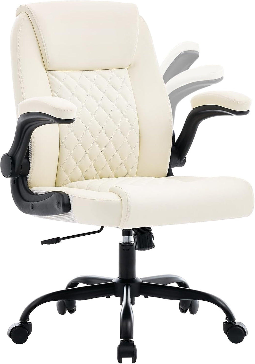 Leather Office Chair, 300lbs Heavy Duty Mid-Back Desk Chairs with Flip-up Armrests, Space-Saving Swivel Task Chair with Wheels, Adjustable Height and Ergonomic Back Support, Beige