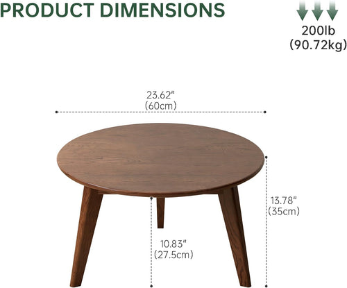 23.62" Walnut Solid Oak Round Mini Coffee Side Table with Wood Legs, Mid Century Accent Table for Living Room Bedroom Balcony