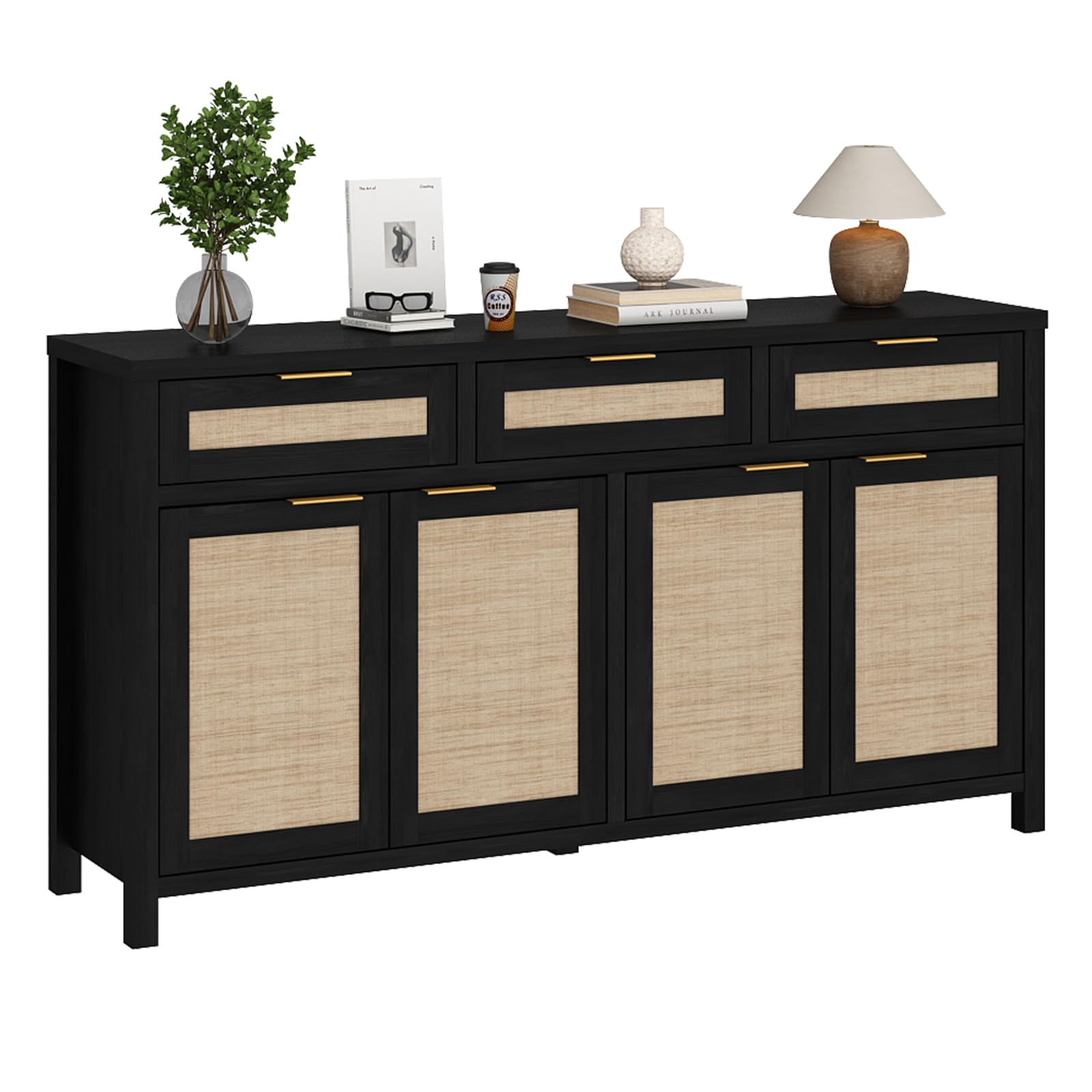 HOKYHOKY 63" Rattan Sideboard Buffet Cabinet, Boho Storage Cabinet with Adjustable Shelves, Farmhouse Credenza Coffee Bar Cabinets with 4 Doors & 3 Drawers for Living Room, Hallway & Kitchen