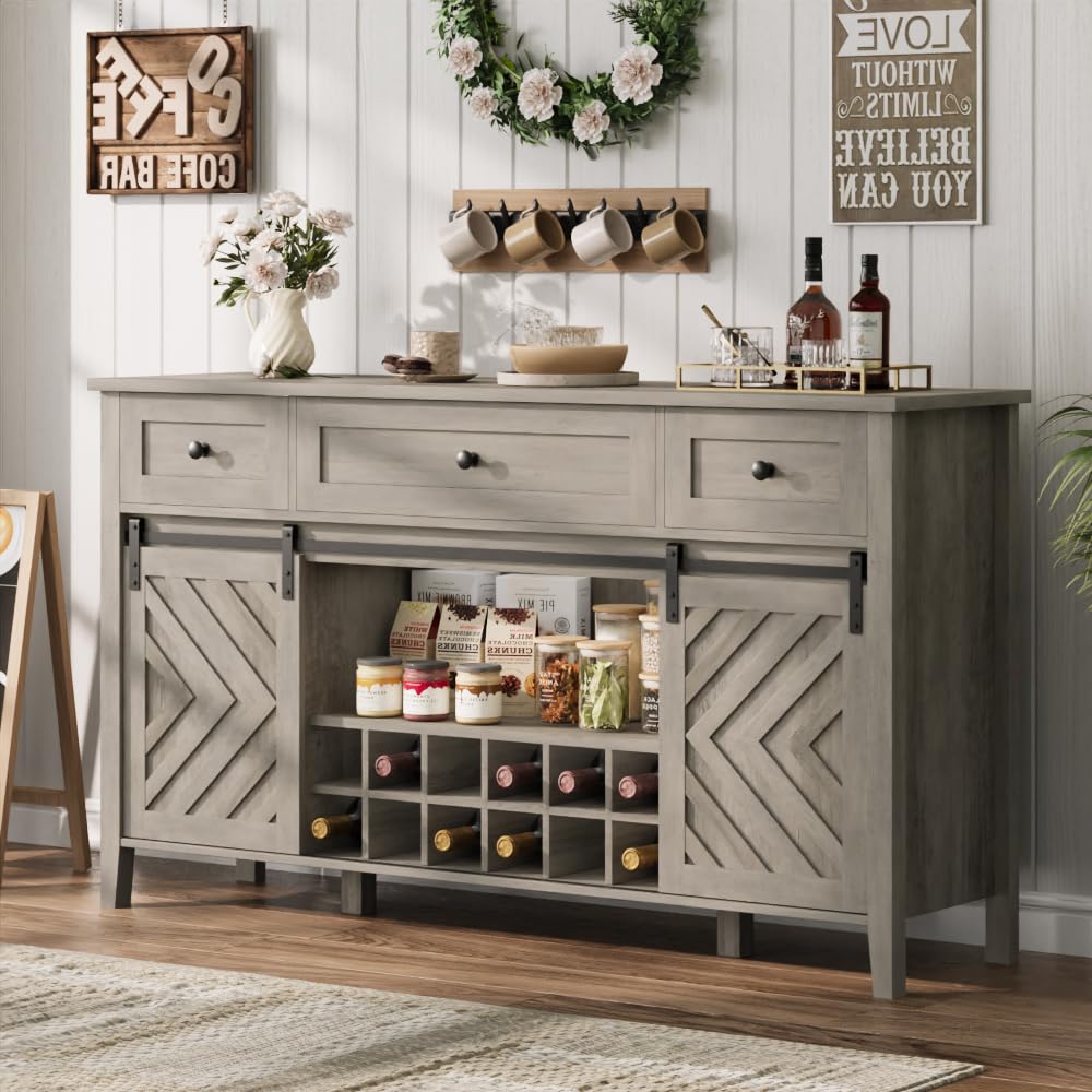 CABIHOME Farmhouse 47.2'' Buffet Cabinet with Sliding Barn Door, 33.4'' Tall Wood Rustic Sideboard with 3 Drawer, Adjustable Shelf and Removable Wine Rack (White, 59'')