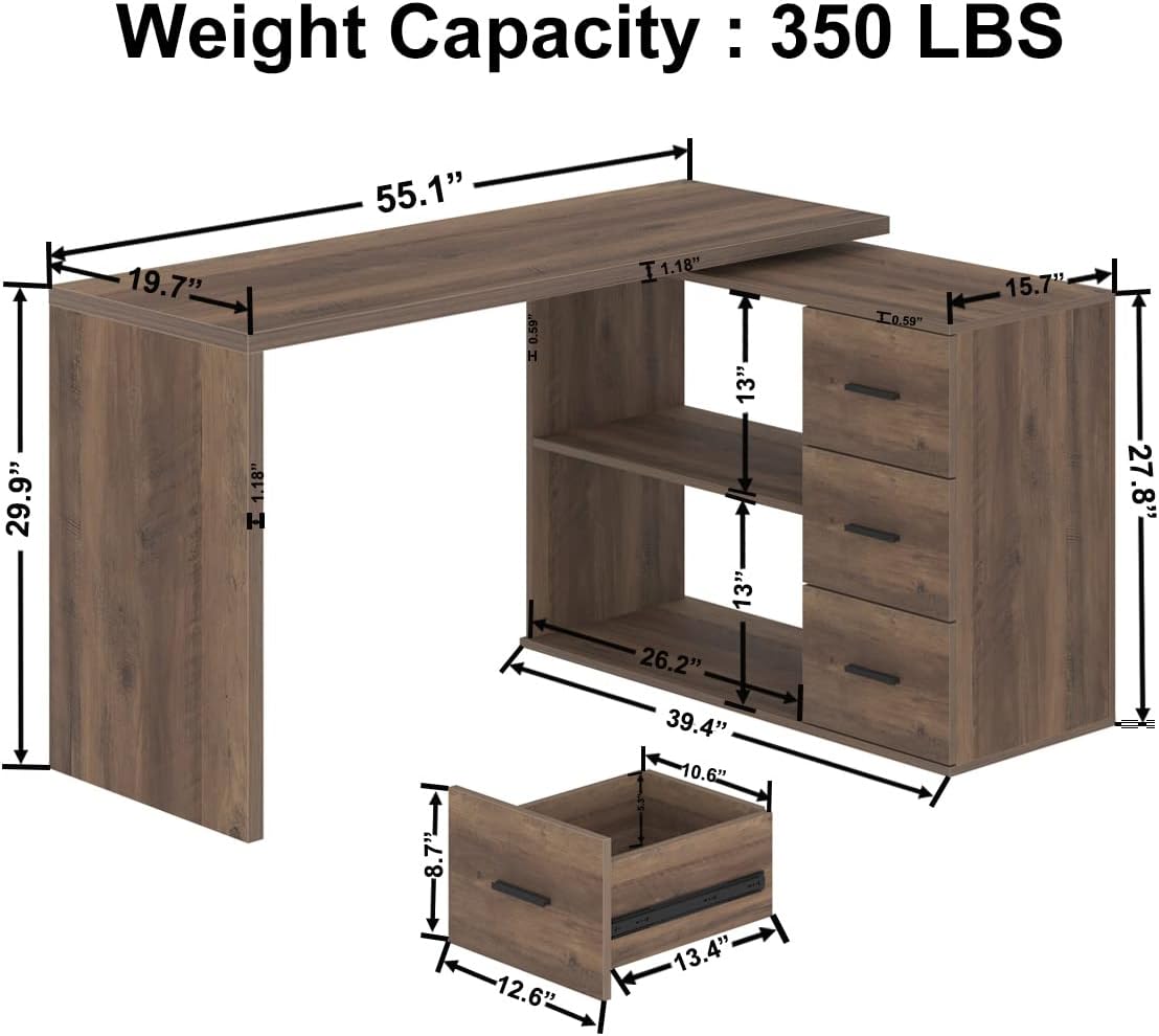HSH L Shaped Desk with Storage Drawers Shelves, Large Corner Computer Table in Home Office, Industrial Wood Desk for Executive Writing Work Study, Rustic Oak, 55 Inch