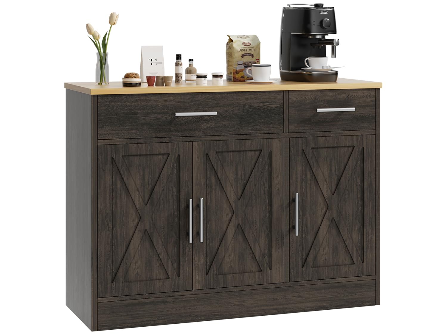 SUNLEI Kitchen Buffet Sideboard Cabinet, Wooden Storage with 4 Doors and 3 Drawers, Adjustable Shelf, Modern Farmhouse Coffee Bar Cabinet with Storage for Kitchen/Laundry/Living Room, Ivory