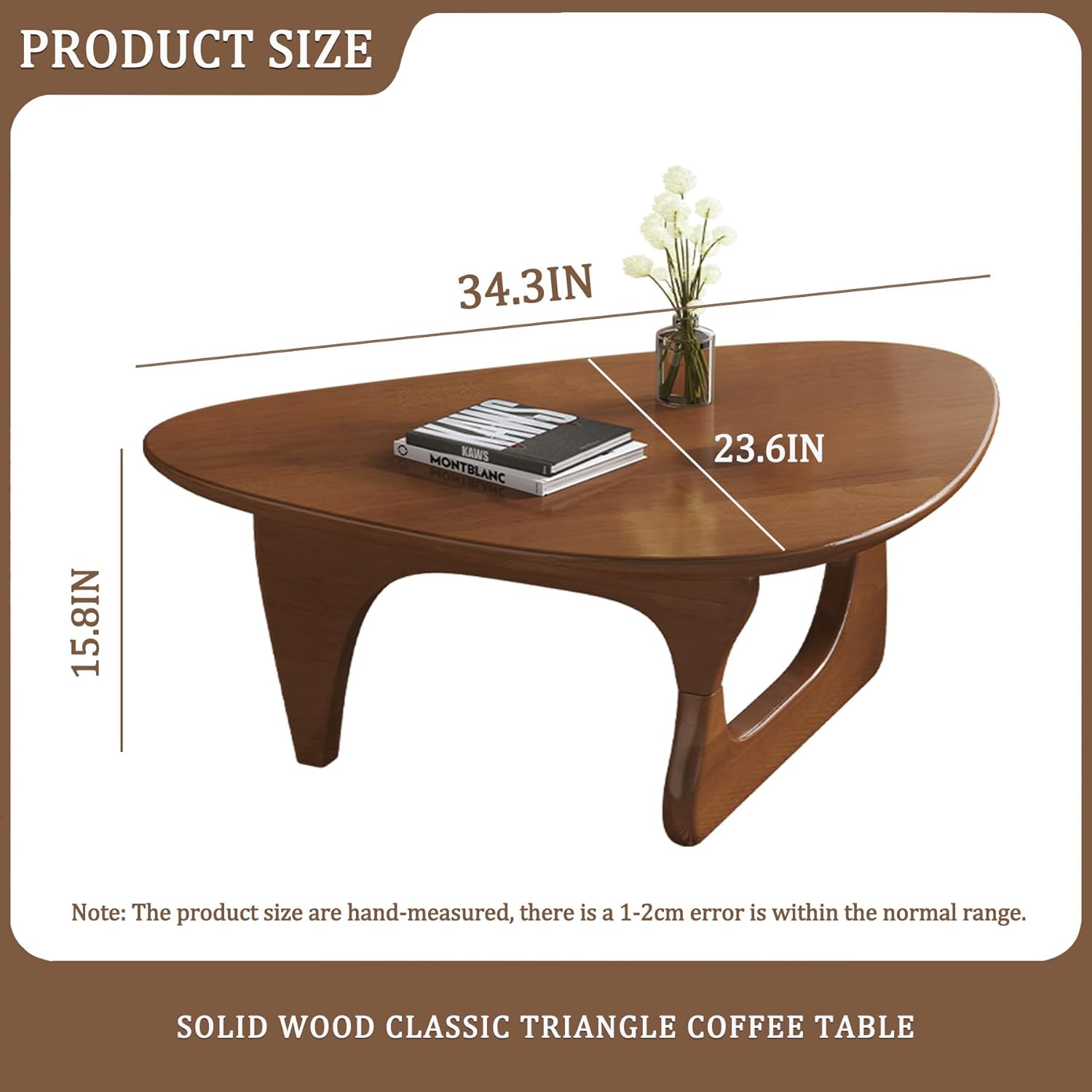 Wood Coffee Table, Mid Century Modern Triangle Coffee Table for Living Room, Rustic Solid Wood Legs and Tabletop, Farmhouse Walnut Accent Center Table for Small Spaces