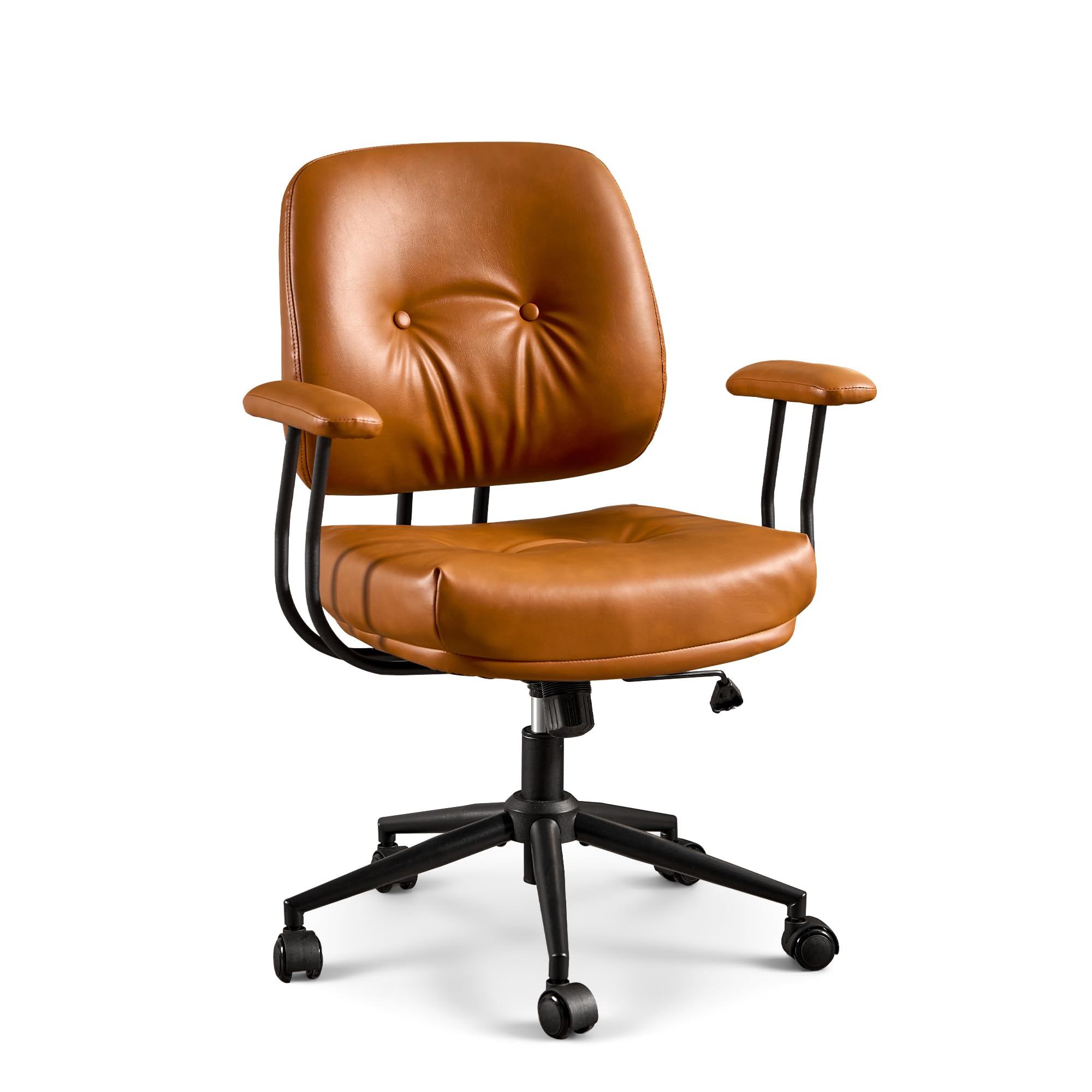 ovios Ergonomic Office Chair, Mid Back Faux Leather Executive Chairs with Armrests, Comfy Mid-Century Modern Swivel Rolling Computer Armchair (Brown, Suede Leather)