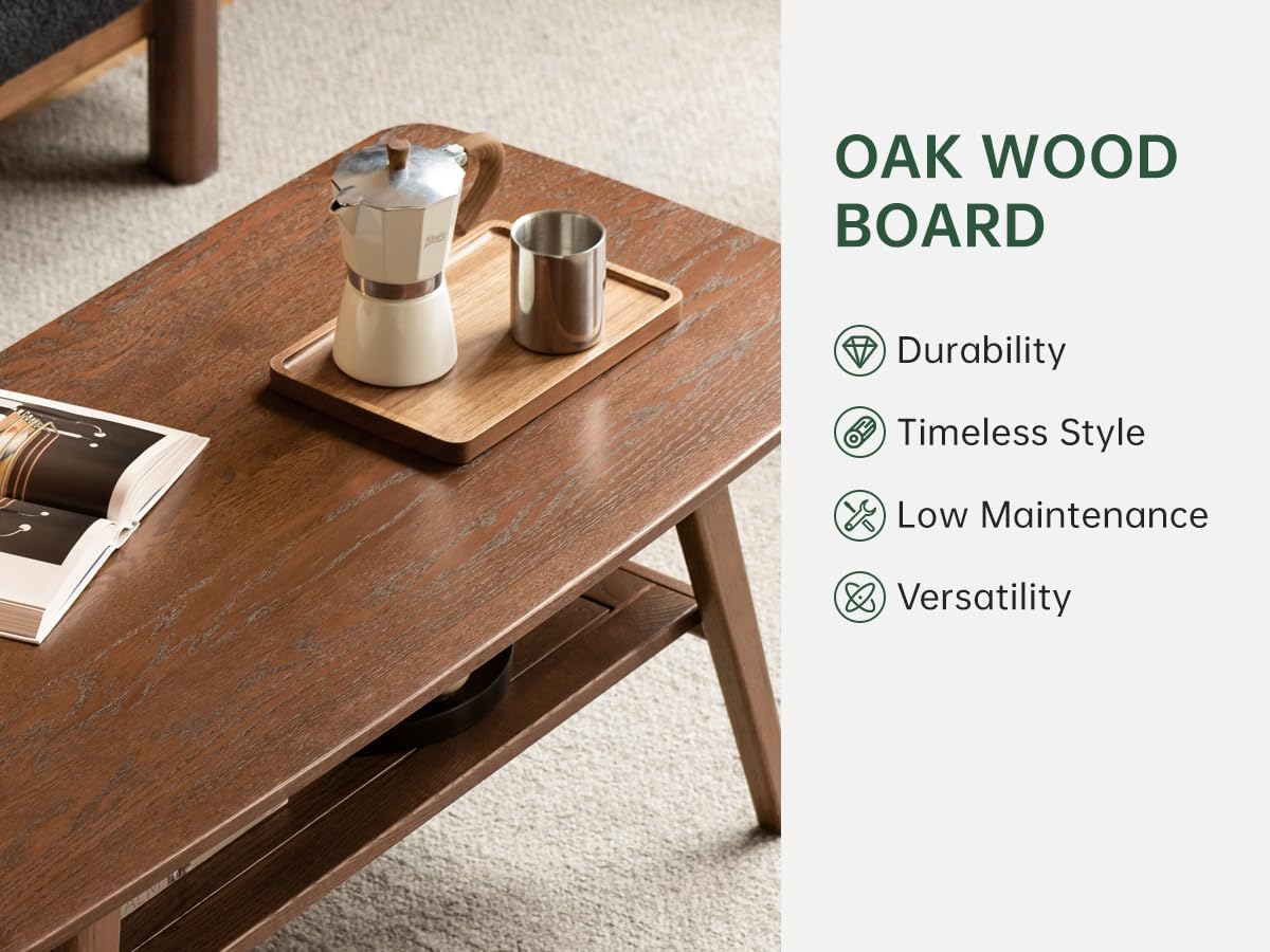 31.49" Solid Oak 2-Tier Walnut Mid Century Modern Coffee Table with Storage Shelf for Living Room