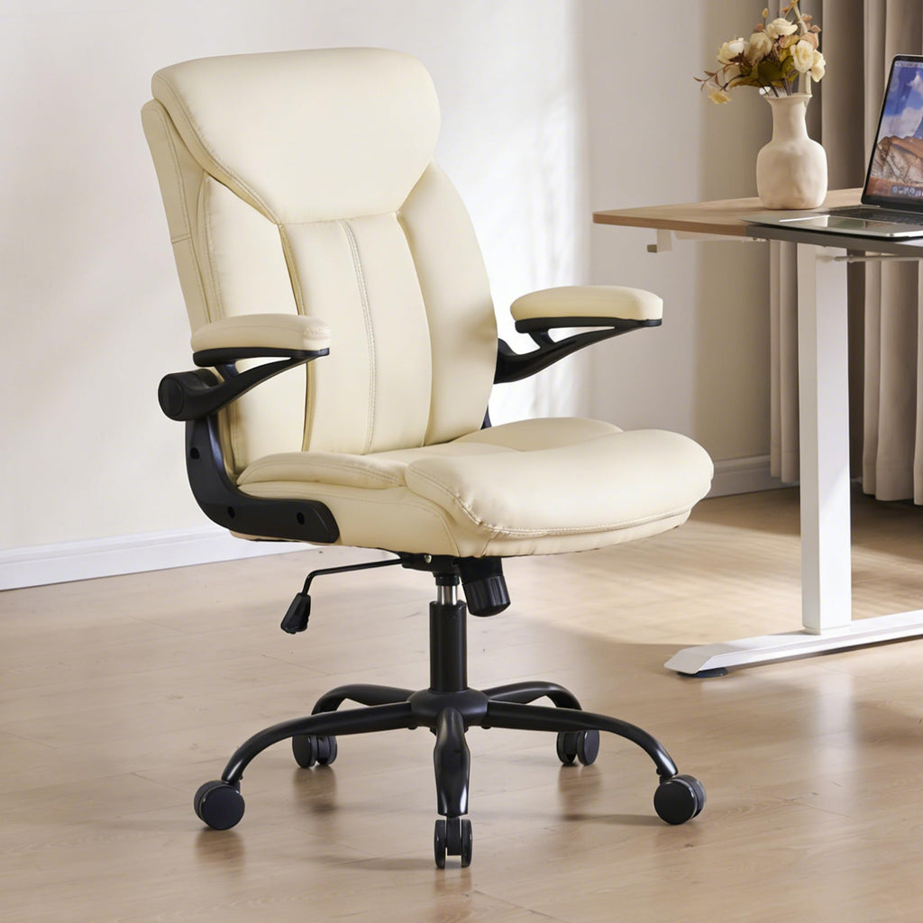 Home Office Ergonomic Desk Chair - Comfy Leather Executive Chair with Flip-Up Armrests, Height Adjustable Computer Chair for Gaming, 360° Swivel & Rocking(Black)