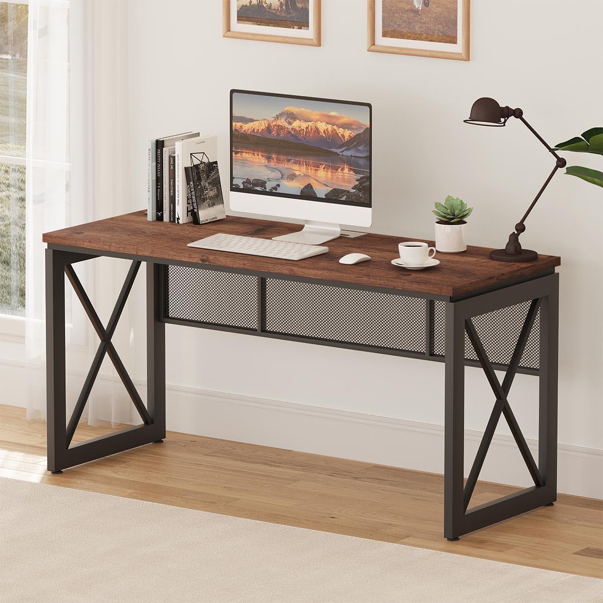 54 Inch Rustic Oak BON AUGURE Farmhouse Industrial Wood Metal Computer Gaming Writing Desk for Home Office