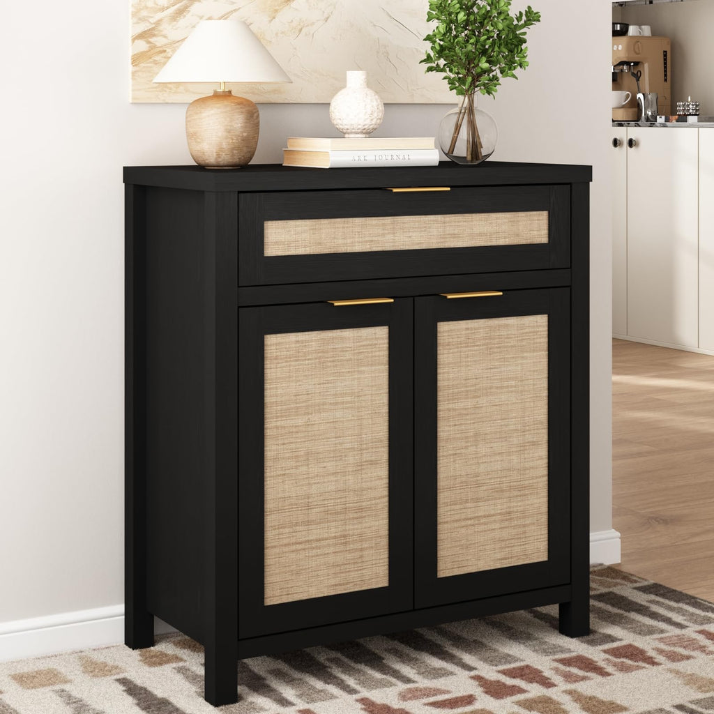 HOKYHOKY 63" Rattan Sideboard Buffet Cabinet, Boho Storage Cabinet with Adjustable Shelves, Farmhouse Credenza Coffee Bar Cabinets with 4 Doors & 3 Drawers for Living Room, Hallway & Kitchen