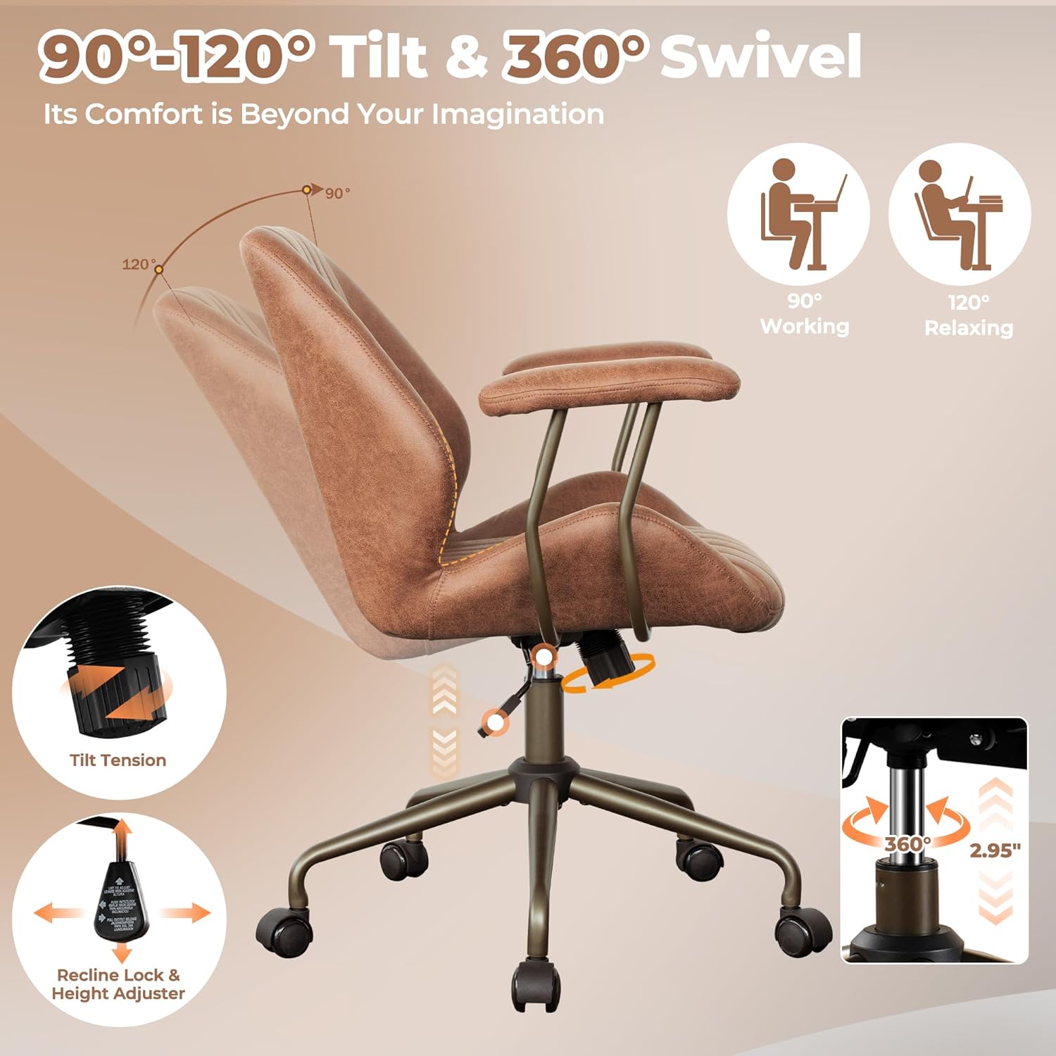 ovios Ergonomic Office Chair, Mid Back Faux Leather Executive Chairs with Armrests, Comfy Mid-Century Modern Swivel Rolling Computer Armchair (Brown, Suede Leather)