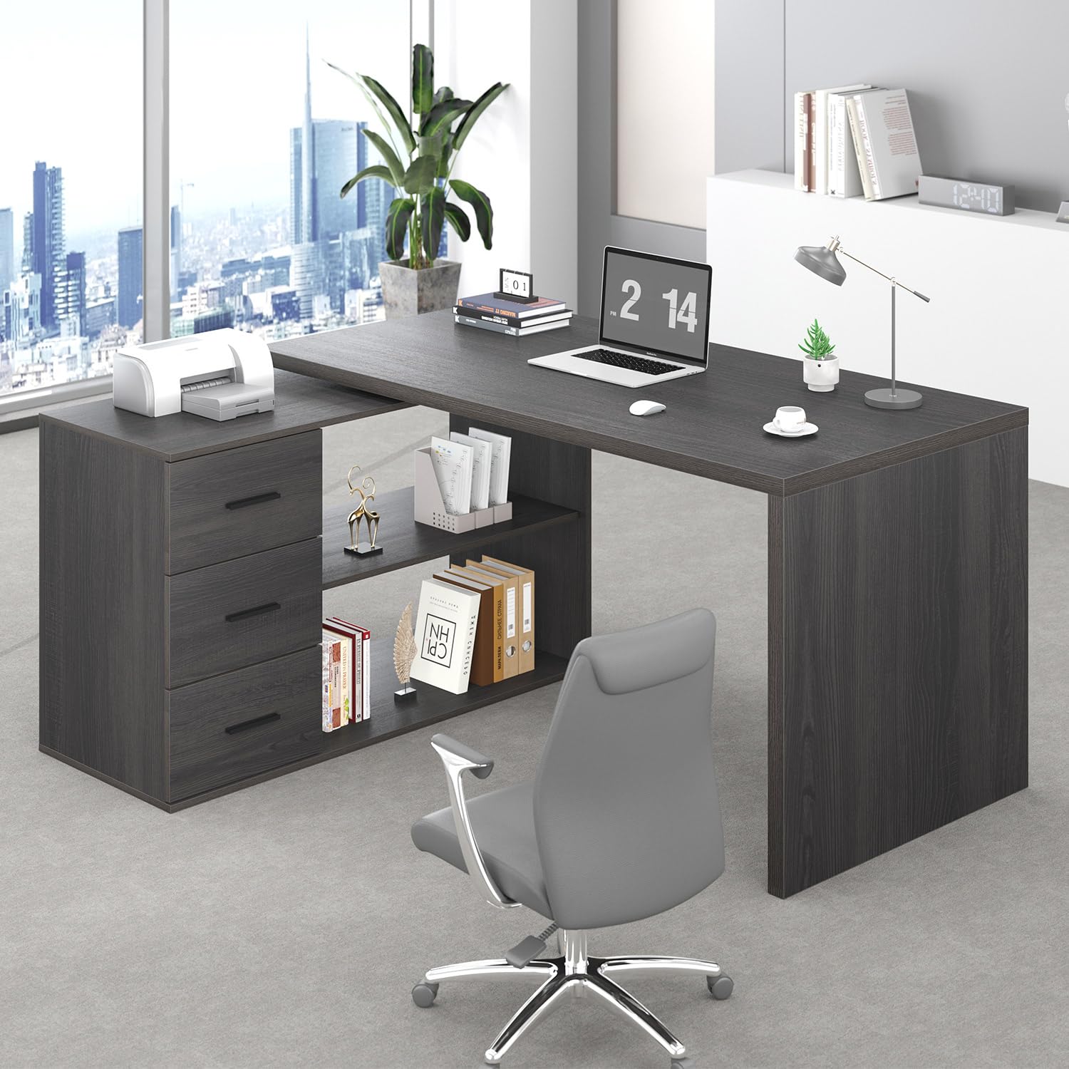 HSH L Shaped Desk with Storage Drawers Shelves, Large Corner Computer Table in Home Office, Industrial Wood Desk for Executive Writing Work Study, Rustic Oak, 55 Inch