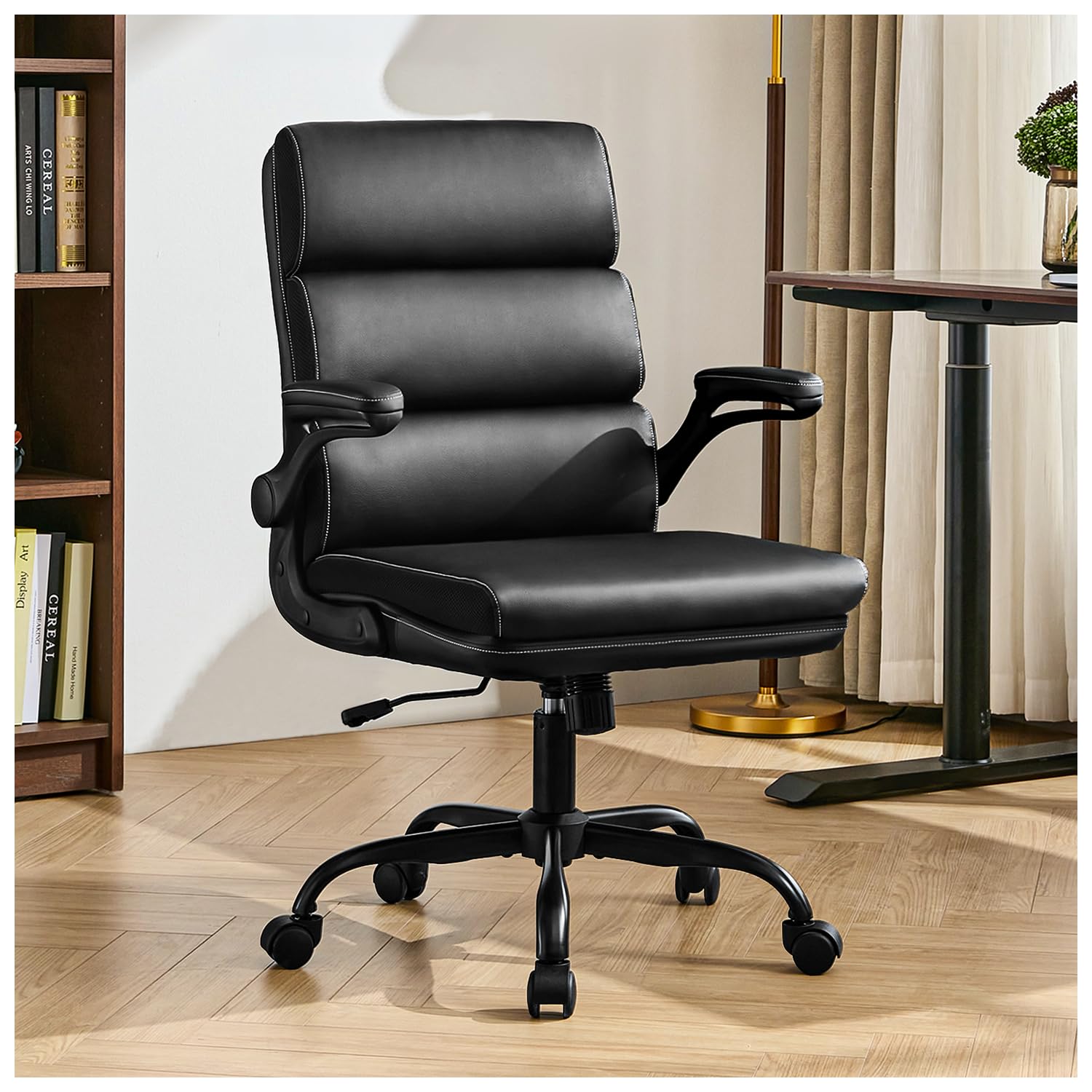 Office Chair Adjustable Desk Chair Mid Back Executive Comfortable Bonded Leather Ergonomic Back Support Home Computer Chairs with Padded Flip-up Armrest Swivel Wheels (Tan)