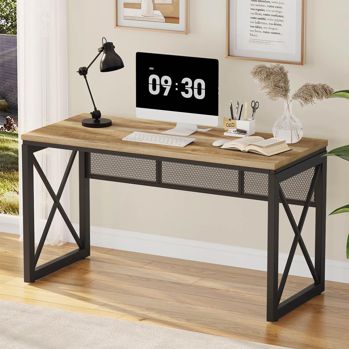 54 Inch Rustic Oak BON AUGURE Farmhouse Industrial Wood Metal Computer Gaming Writing Desk for Home Office