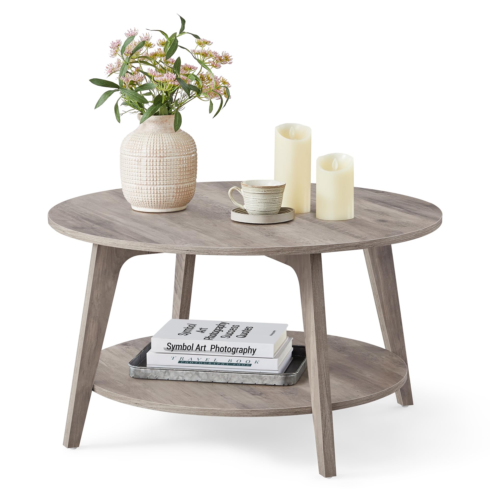 VASAGLE MAEZO Collection - Round Coffee Table, 2-Tier Center Table with Storage, Tapered Legs, Curved Transitions, 31.5 Dia. x 17.7 H Inches, Easy Assembly, for Living Room, Honey Brown ULCT243K41