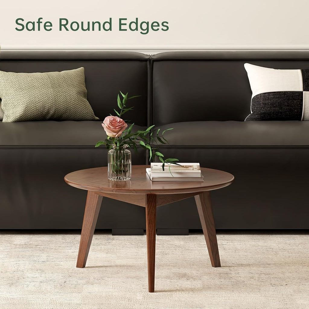 23.62" Walnut Solid Oak Round Mini Coffee Side Table with Wood Legs, Mid Century Accent Table for Living Room Bedroom Balcony