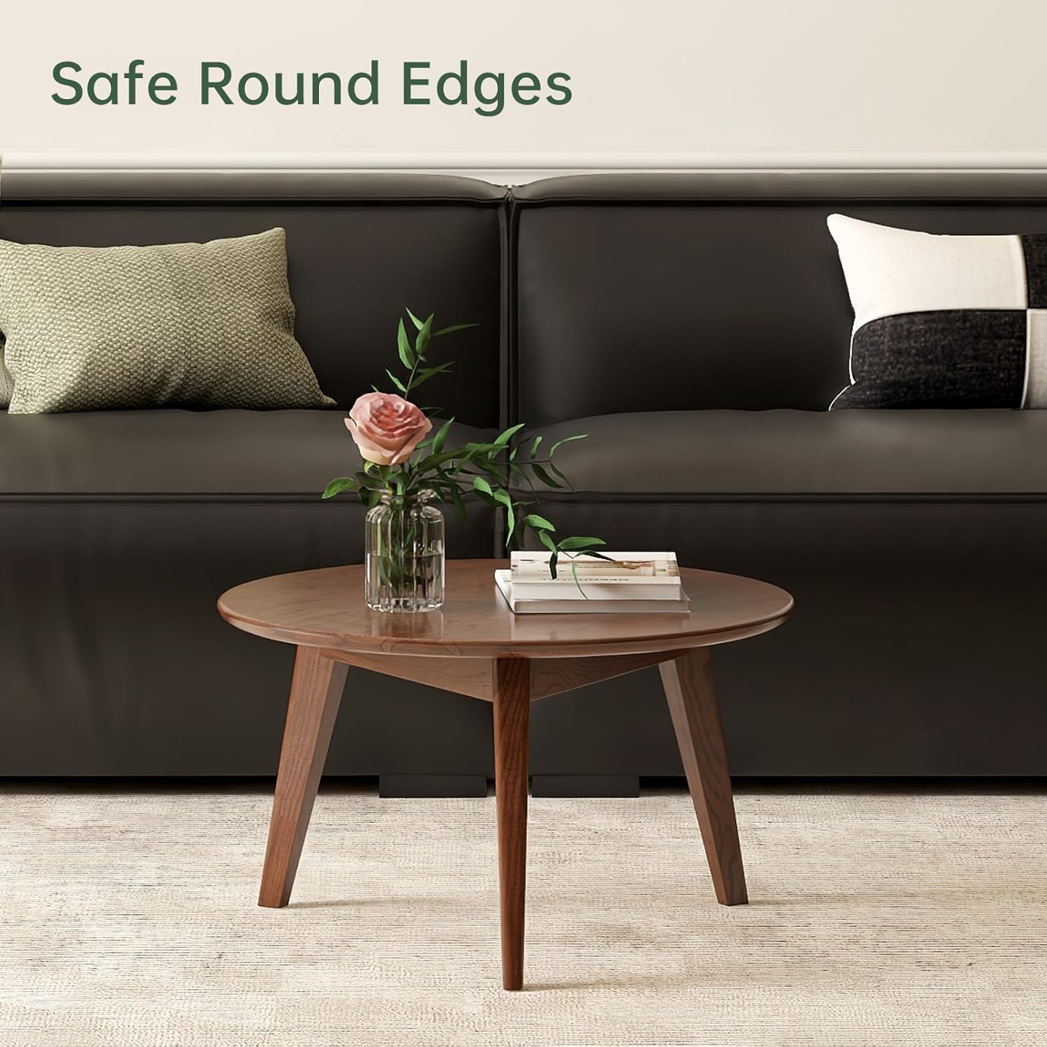 23.62" Walnut Solid Oak Round Mini Coffee Side Table with Wood Legs, Mid Century Accent Table for Living Room Bedroom Balcony