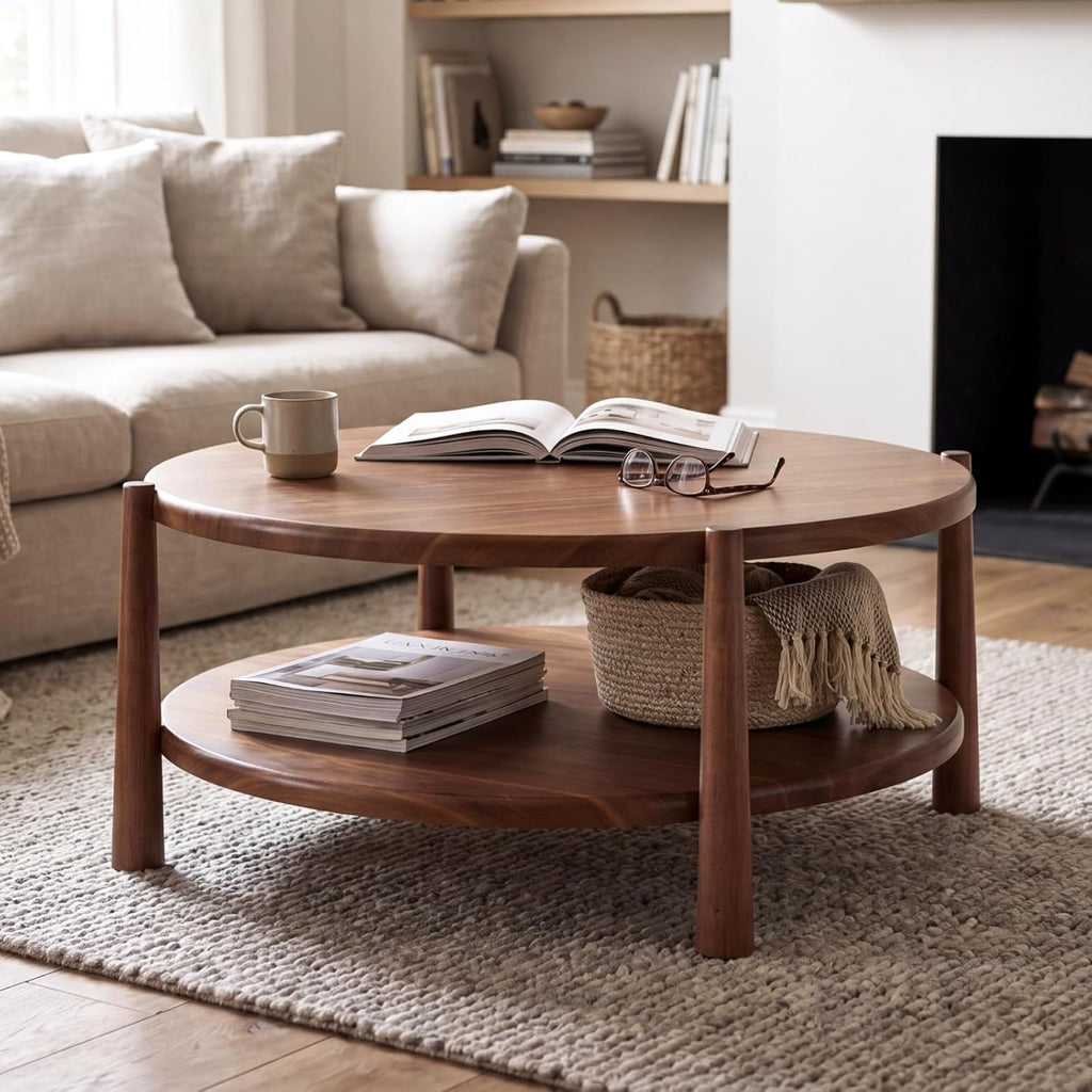 Round Coffee Table, Mid-Century Modern 2-Tier Wood Center Table with Open Storage Shelf, Farmhouse Circle Coffee Table for Living Room Office, Walnut Brown
