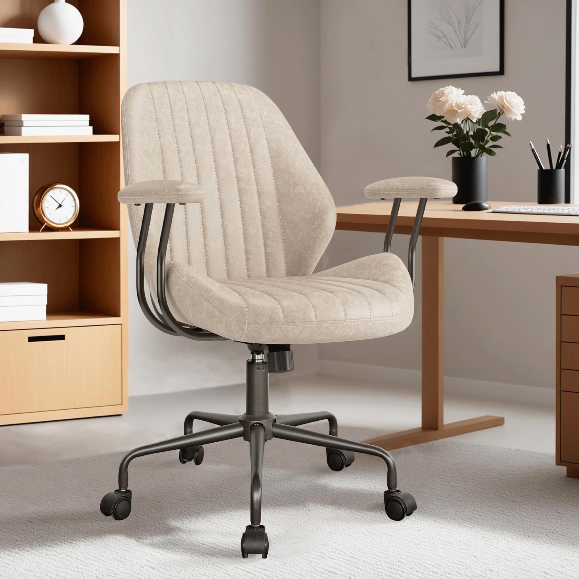 ovios Ergonomic Office Chair, Mid Back Faux Leather Executive Chairs with Armrests, Comfy Mid-Century Modern Swivel Rolling Computer Armchair (Brown, Suede Leather)