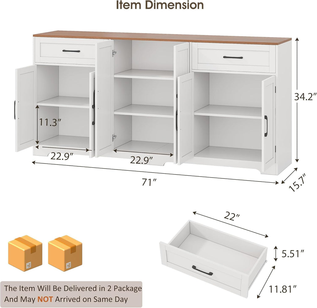 Whalefall 71" Farmhouse Sideboard Buffet Cabinet with Storage, Large Coffee Bar with 2 Drawers & 6 Doors, Kitchen Storage Credenza with Adjustable Shelves for Dining Room, White