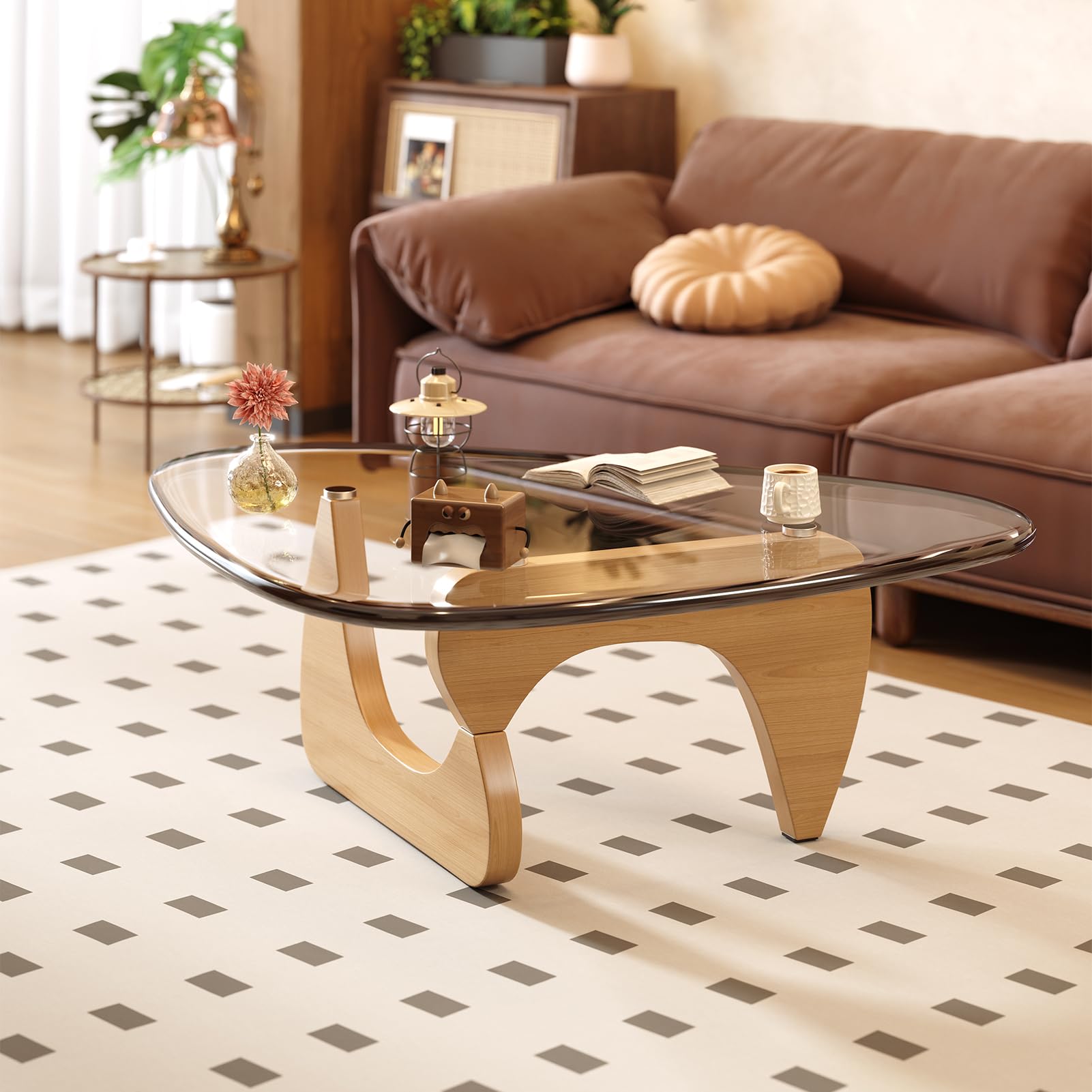 Coffee Table for Living Room Mid Century Modern Center Table with Glass Top and Wood, 36 Inch, Brown/Walnut