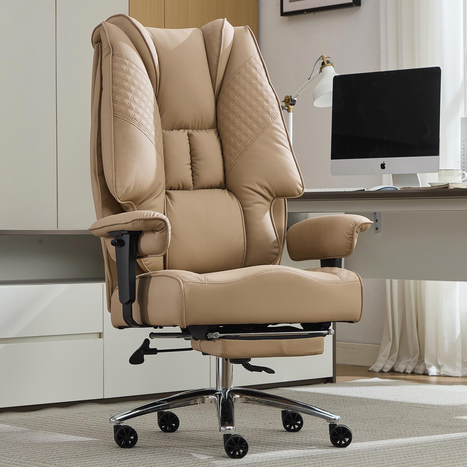EXCEBET Big and Tall Office Chair 400lbs Wide Seat, Leather High Back Executive Office Chair with Lumbar Support, Ergonomic Chairs Padded Armrests & Thick Cushion (Mesh Beige)