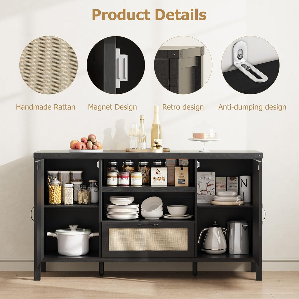 IDEALHOUSE Sideboard Buffet Cabinet with Storage, 59.1" Large Rattan Storage Cabinet with Drawers, Farmhouse Coffee Bar Cabinet for Living Room, Kitchen, Entryway, Black