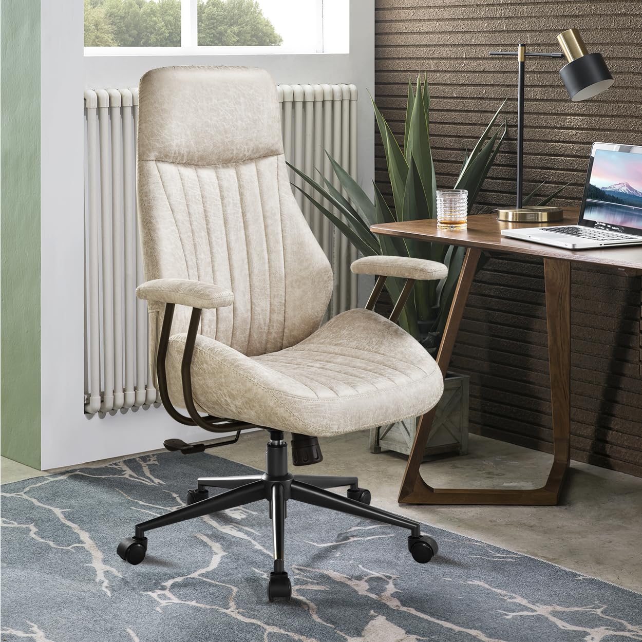 ovios Ergonomic Office Chair, Mid Back Faux Leather Executive Chairs with Armrests, Comfy Mid-Century Modern Swivel Rolling Computer Armchair (Brown, Suede Leather)
