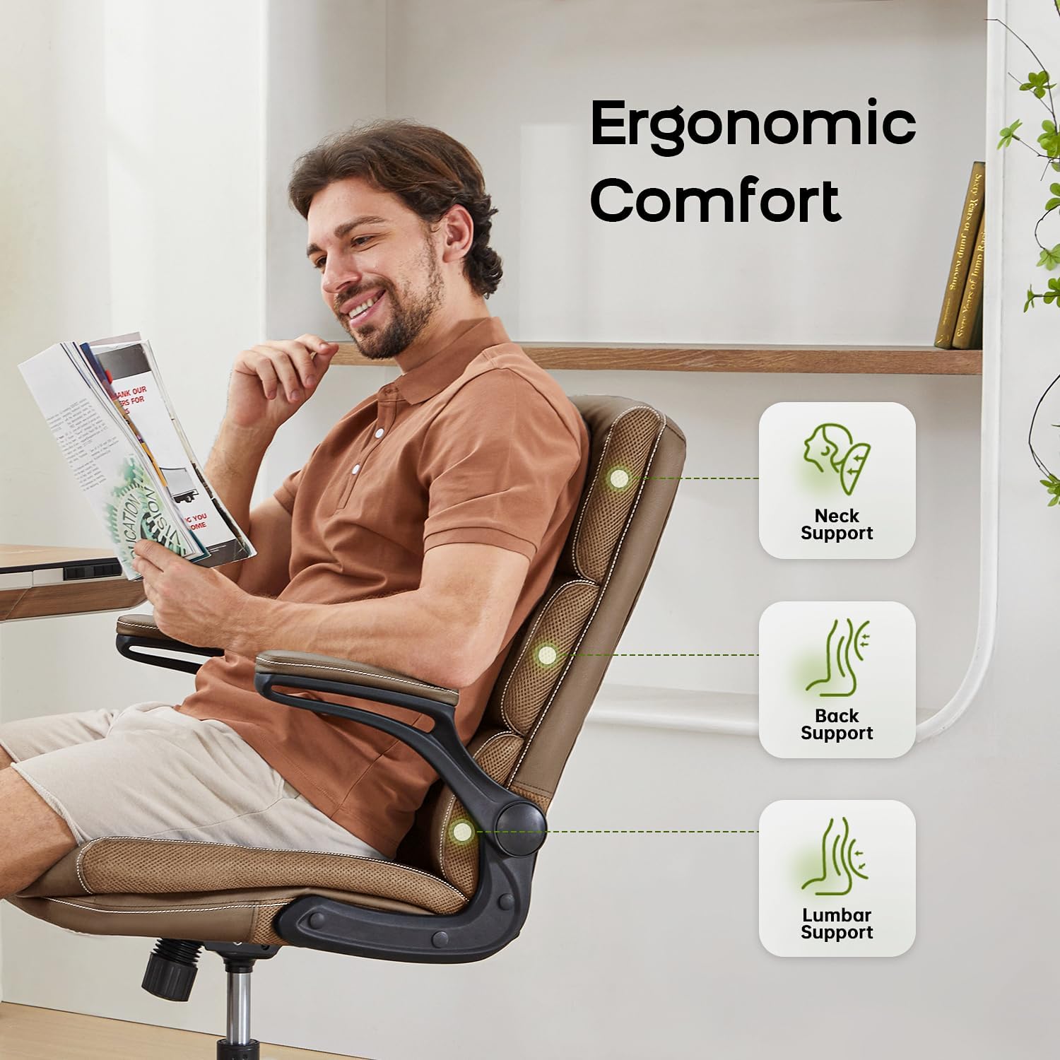Office Chair Adjustable Desk Chair Mid Back Executive Comfortable Bonded Leather Ergonomic Back Support Home Computer Chairs with Padded Flip-up Armrest Swivel Wheels (Tan)