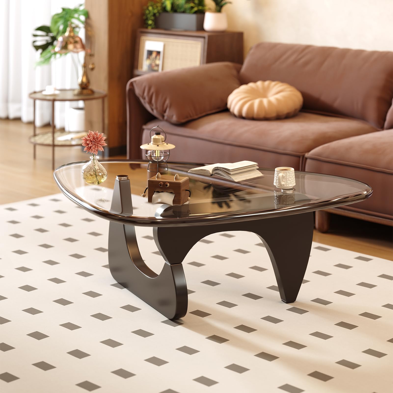 Coffee Table for Living Room Mid Century Modern Center Table with Glass Top and Wood, 36 Inch, Brown/Walnut