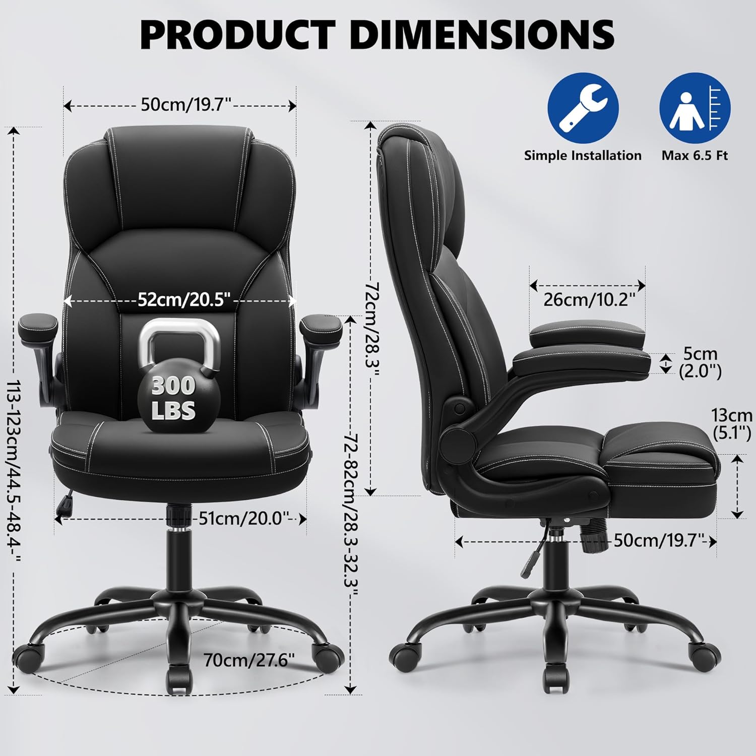 PU Leather Office Chair, Ergonomic High-Back Desk Computer & Gaming Chair with Adjustable Height, Rolling Swivel & Flip-Up Armrests, Comfy Padded Seat for Home Office-Black