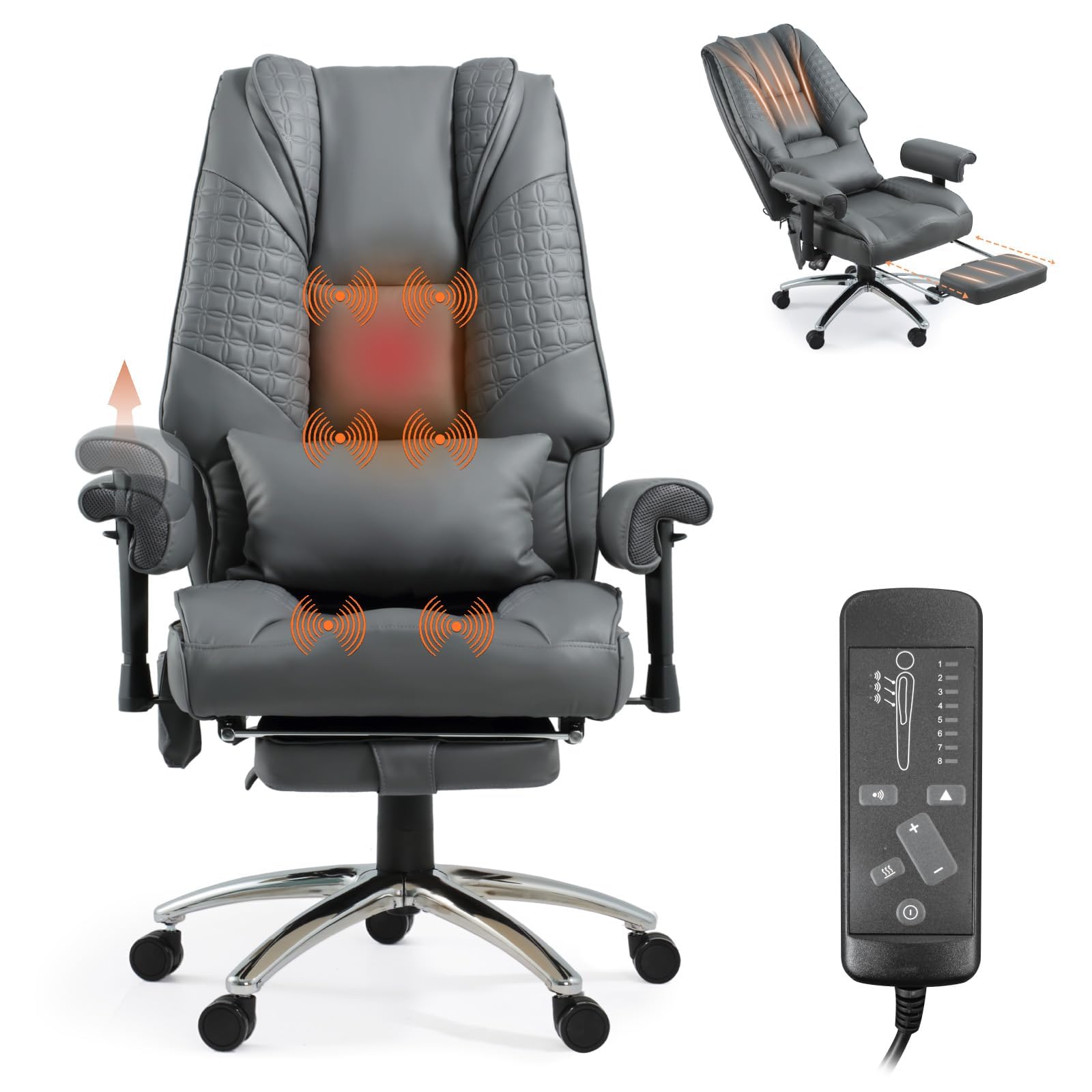 Vibrate Massage & Heating Office Chair, Executive Office Chair with Reclining Backrest, Adjustable Arms & Lumbar Support, High Back Leather Desk Chairs w/Foot Res for Home Office, Beige