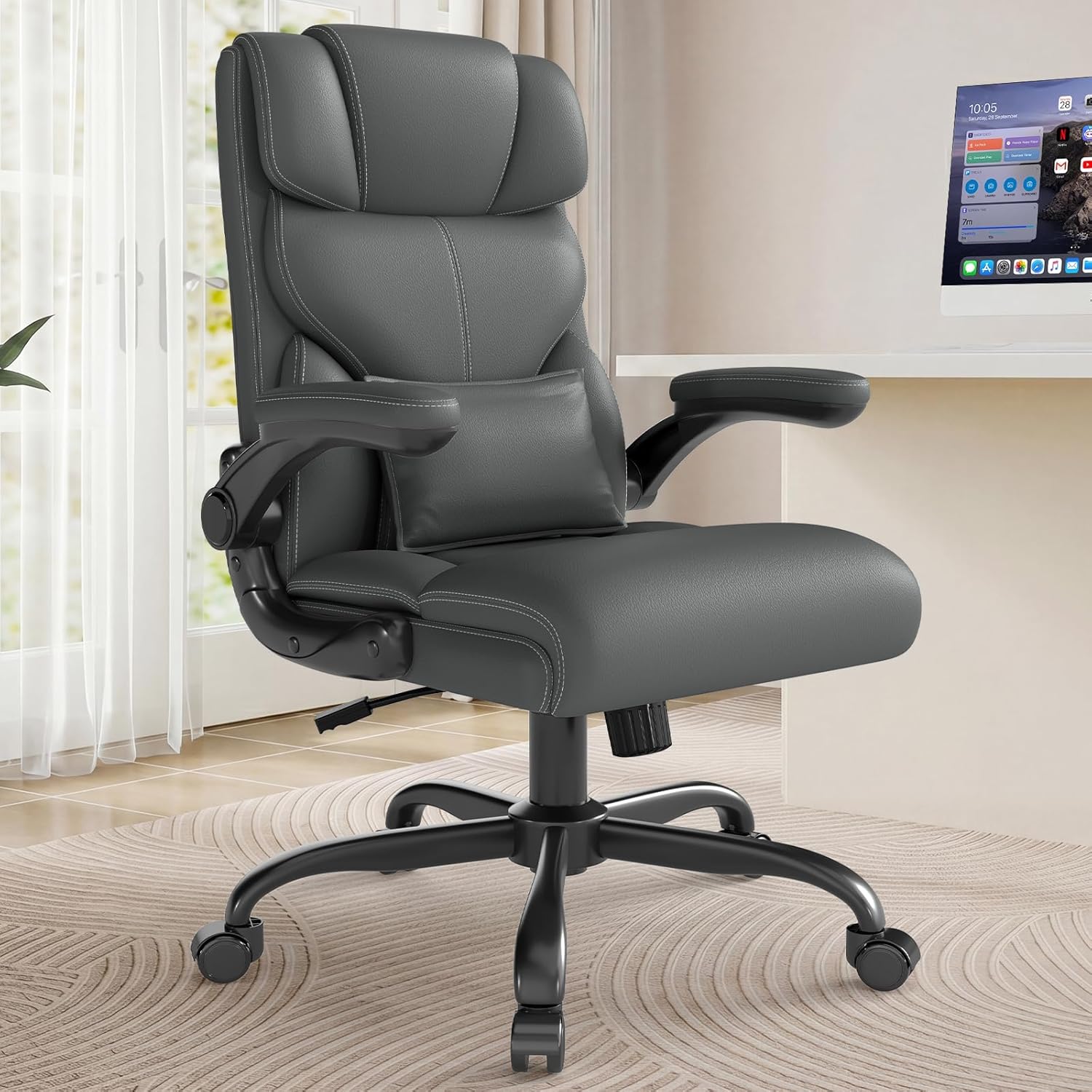 Executive Office Chair with Flip-up Armrests,Ergonomic Computer Desk Chairs,Mid-Tall Back Leather Office Chair,Lumbar Support Swivel PC Chair with Rocking Function