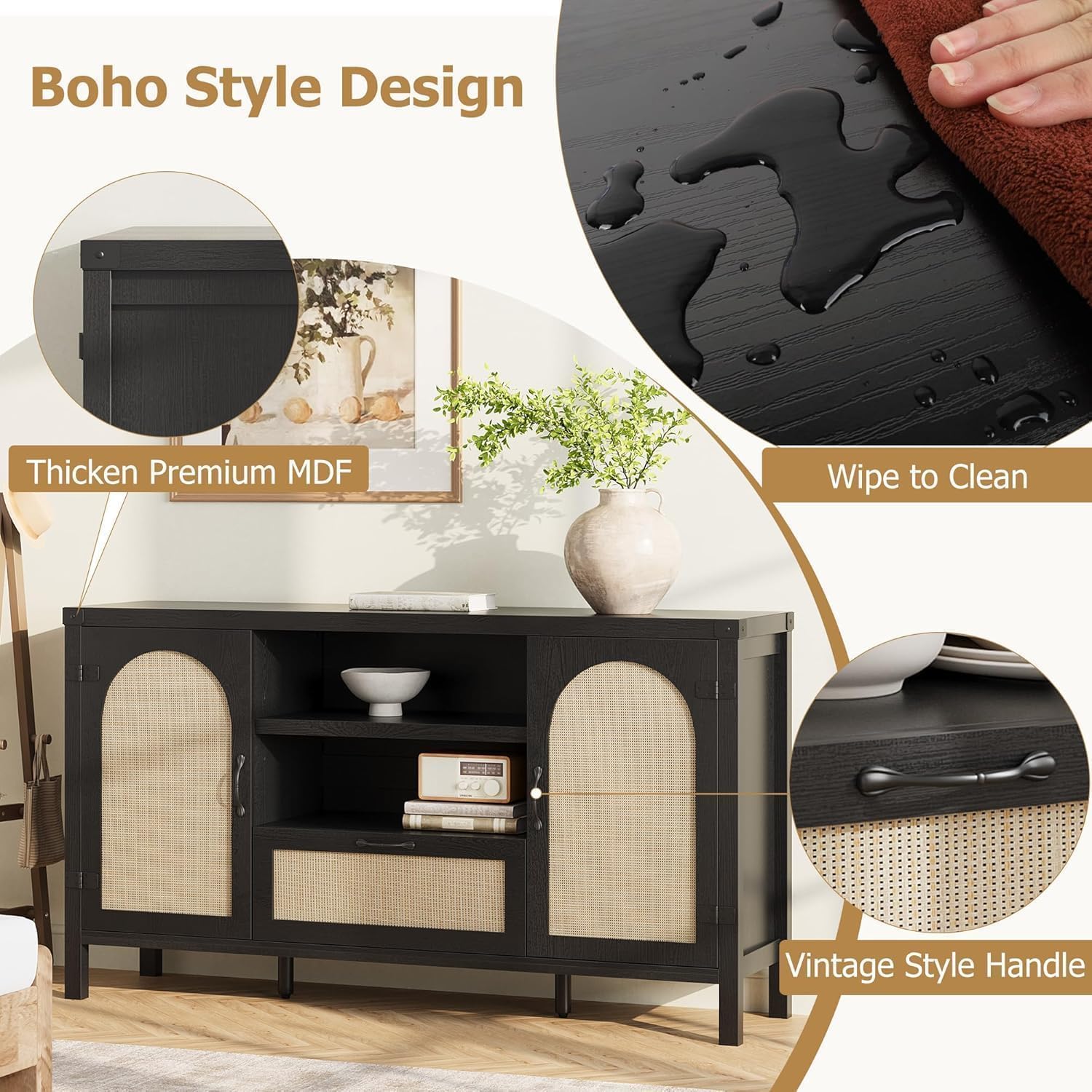 IDEALHOUSE Sideboard Buffet Cabinet with Storage, 59.1" Large Rattan Storage Cabinet with Drawers, Farmhouse Coffee Bar Cabinet for Living Room, Kitchen, Entryway, Black
