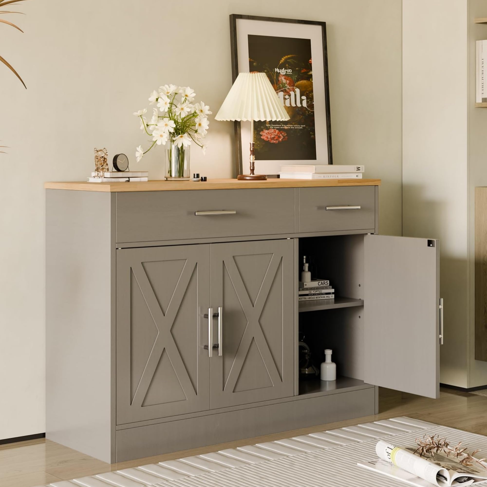 SUNLEI Kitchen Buffet Sideboard Cabinet, Wooden Storage with 4 Doors and 3 Drawers, Adjustable Shelf, Modern Farmhouse Coffee Bar Cabinet with Storage for Kitchen/Laundry/Living Room, Ivory