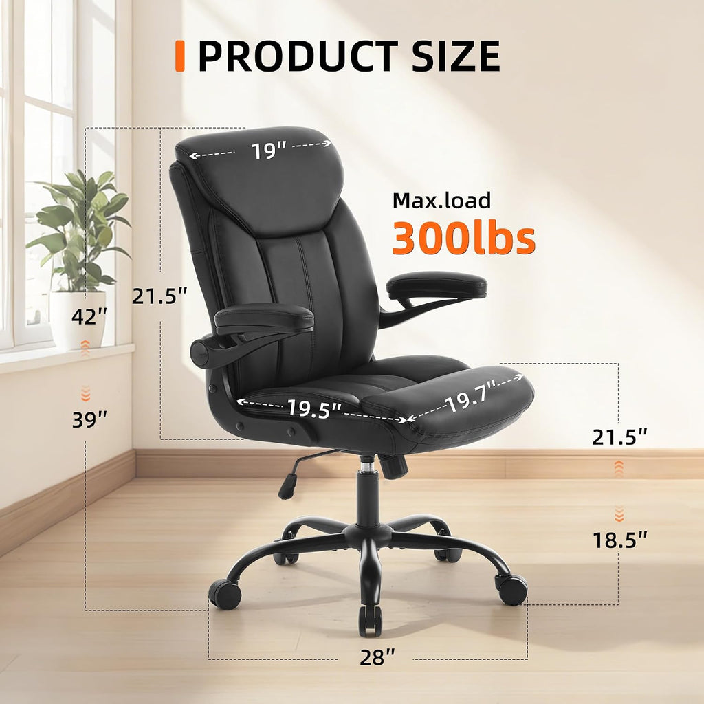 Home Office Ergonomic Desk Chair - Comfy Leather Executive Chair with Flip-Up Armrests, Height Adjustable Computer Chair for Gaming, 360° Swivel & Rocking(Black)