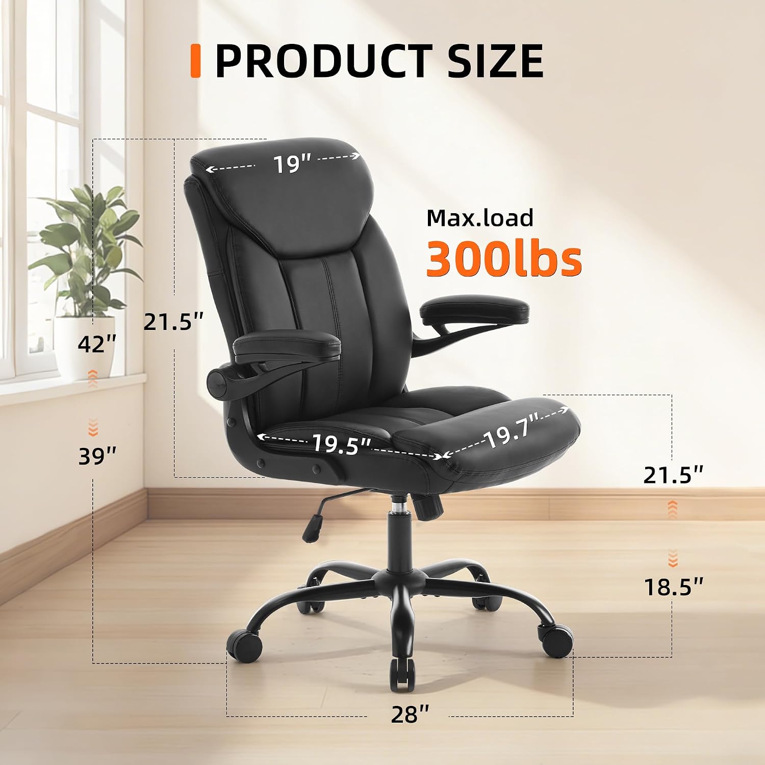 Home Office Ergonomic Desk Chair - Comfy Leather Executive Chair with Flip-Up Armrests, Height Adjustable Computer Chair for Gaming, 360° Swivel & Rocking(Black)