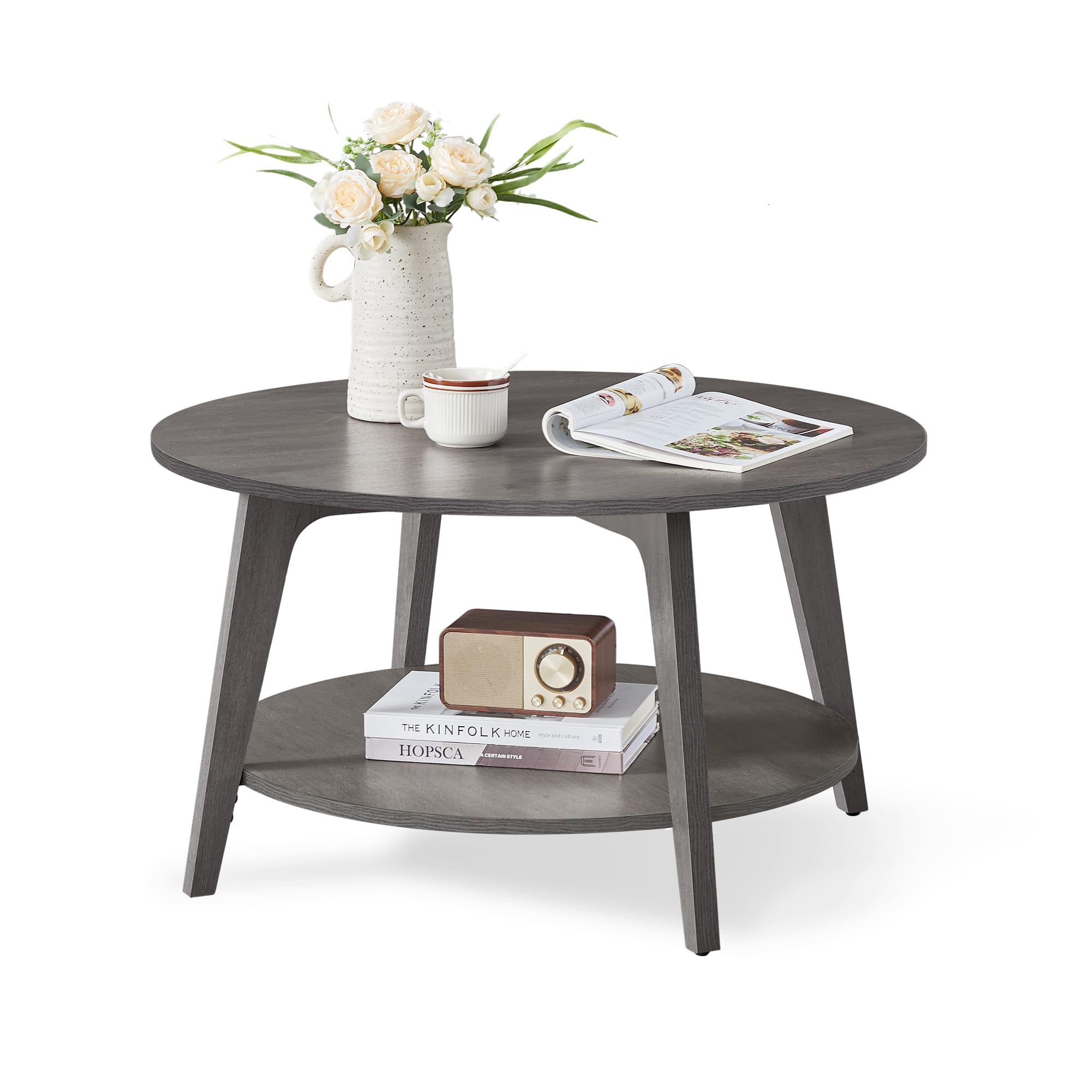 VASAGLE MAEZO Collection - Round Coffee Table, 2-Tier Center Table with Storage, Tapered Legs, Curved Transitions, 31.5 Dia. x 17.7 H Inches, Easy Assembly, for Living Room, Honey Brown ULCT243K41