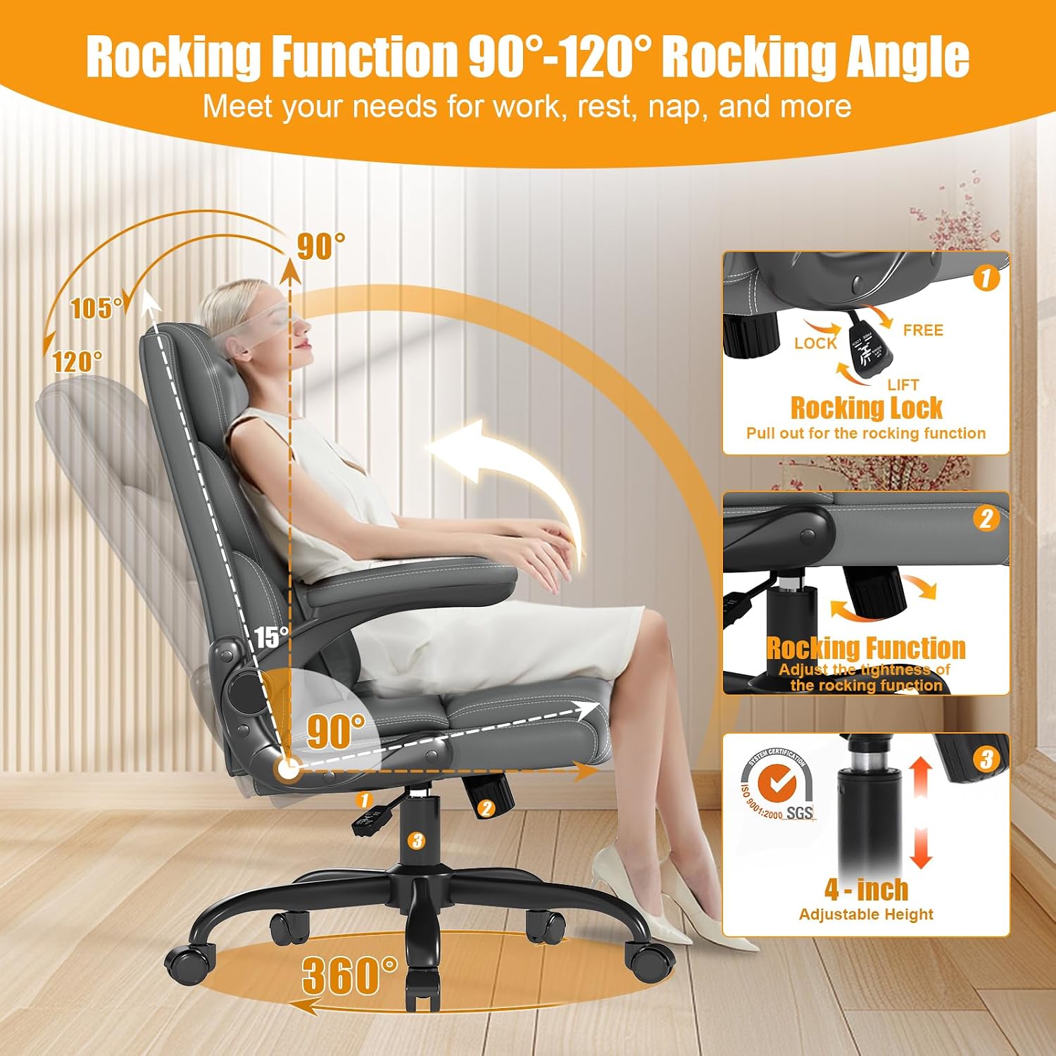 Executive Office Chair with Flip-up Armrests,Ergonomic Computer Desk Chairs,Mid-Tall Back Leather Office Chair,Lumbar Support Swivel PC Chair with Rocking Function