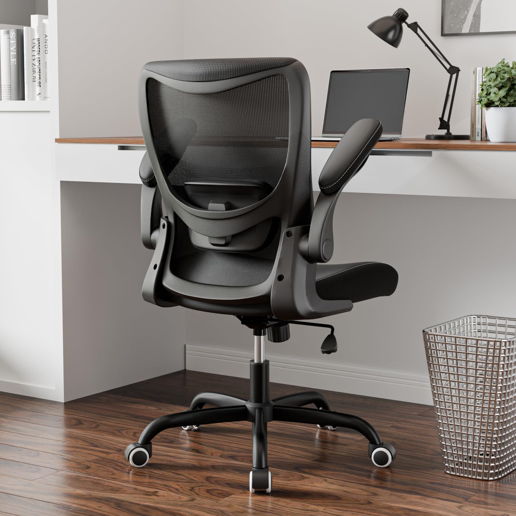 MUXX.STIL Office Chair, PU Leather Ergonomic Desk Chair with Adjustable Lumbar Support and Flip up Armrest, Breathable Mesh Computer Chair for Home Office, Khaki
