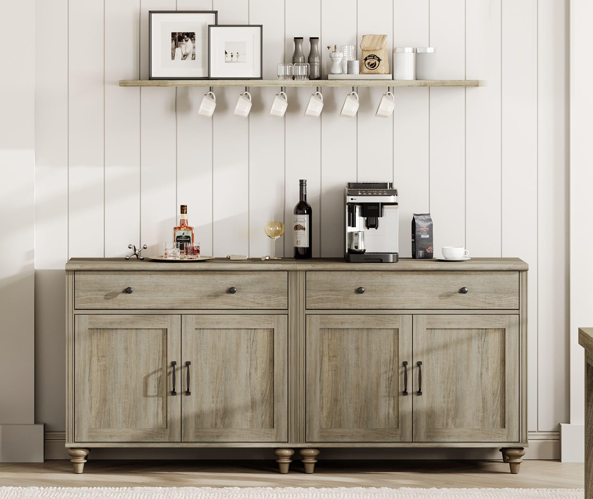 WAMAPT Buffet Cabinet with 4 Doors and 2 Drawers, Large Coffee Bar Table Wood Kitchen Storage Cabinets with Storage Cabinets, Modern Farmhouse Sideboard Credenza for Dining Room, Oak, 68 inch