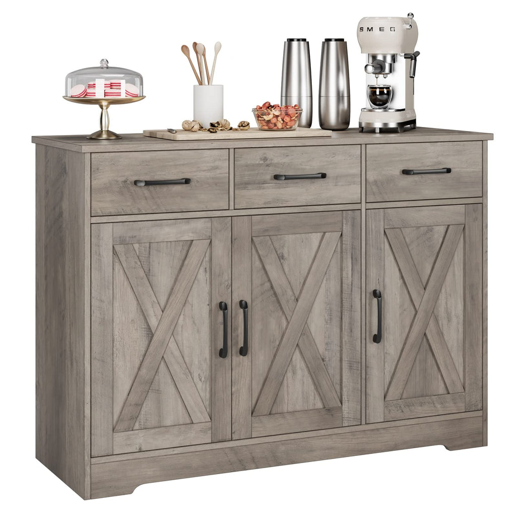 HOSTACK Modern Farmhouse Buffet Sideboard Cabinet, Barn Doors Storage Cabinet with Drawers and Shelves, Wood Coffee Bar with Storage for Dining Room, Kitchen, Living Room, Black/Rustic Brown